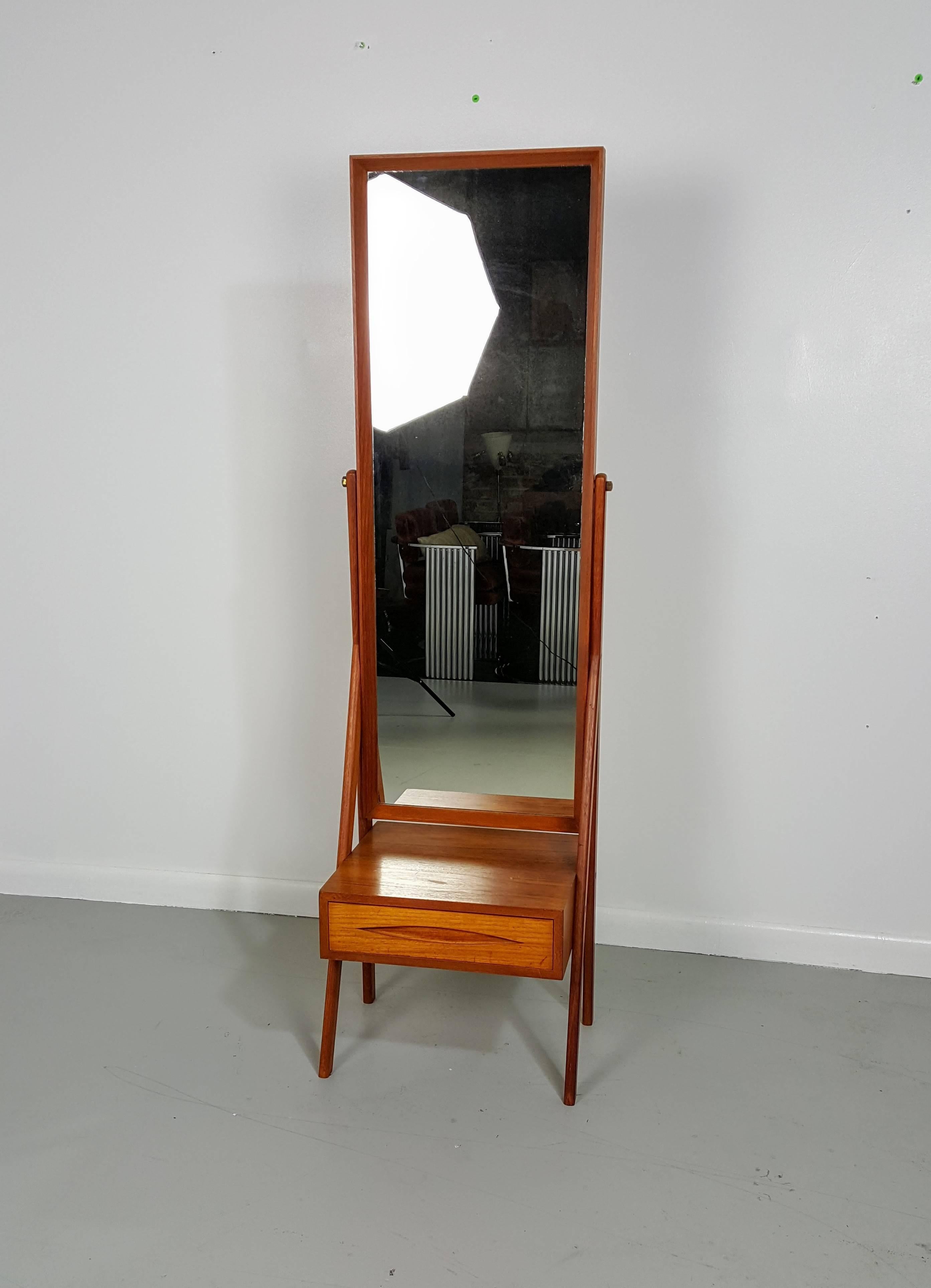 Teak Cheval floor mirror with floating drawer by Arne Vodder, Denmark 1950s. 

We offer free regular deliveries to NYC and Philadelphia area. Delivery to DC, MD, CT and MA are available if schedule permits, please message for a location-based