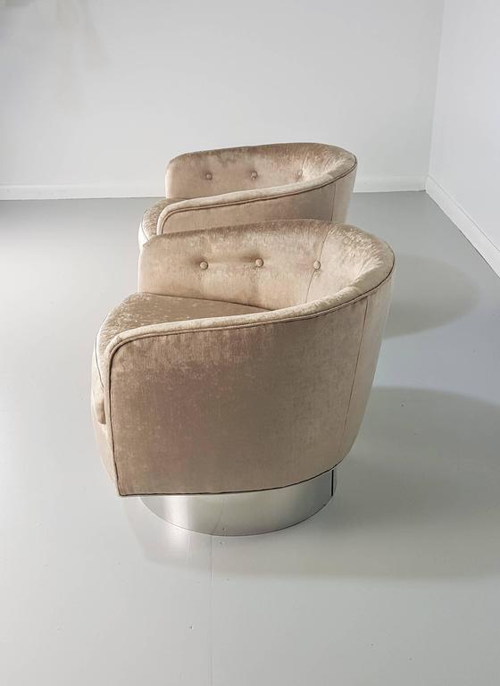 Swivel Lounge Chairs in Velvet with Chrome Bases in the style of Milo