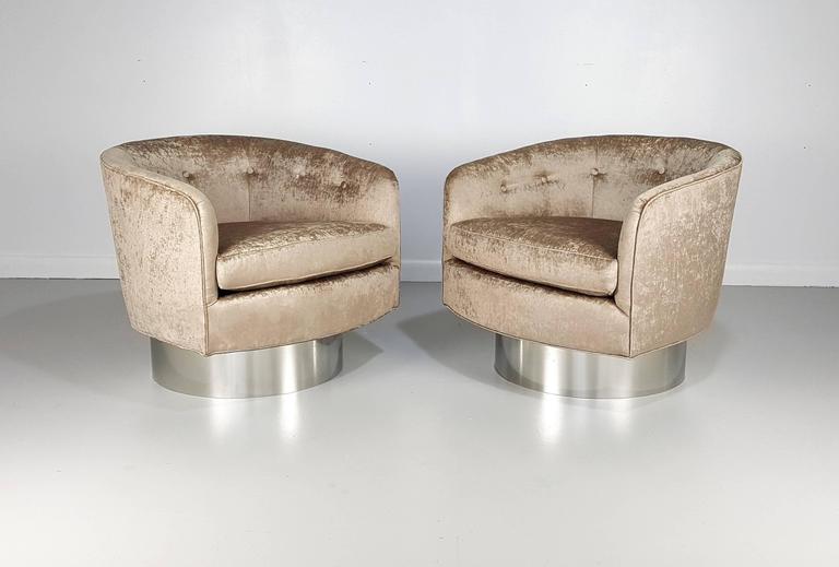 Swivel Lounge Chairs in Velvet with Chrome Bases in the style of Milo