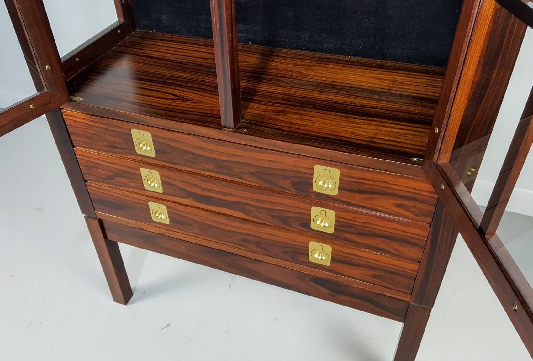 Brass Rosewood Lighted Curio Cabinet by Torbjørn Afdal, Norway, 1960s