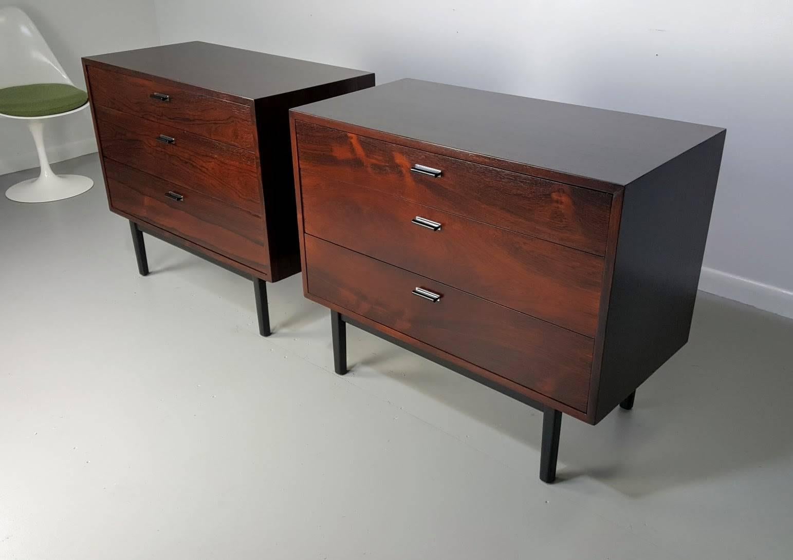 Pair of Rosewood Chests in the style of Harvey Probber, 1960s. Pulls Fully restored and in excellent condition. 

We offer free regular deliveries to NYC and Philadelphia area. Delivery to DC, MD, CT and MA are available if schedule permits,