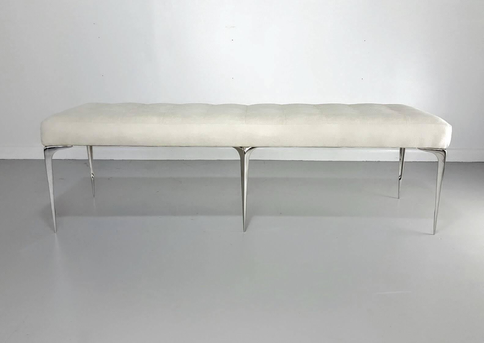 Our Lancia Espansa bench with tapered legs in polished nickel. The leg is an exact preproduction of a 1950s Italian design. Custom sizes, fabrics, metal finishes and patinas are available. 
