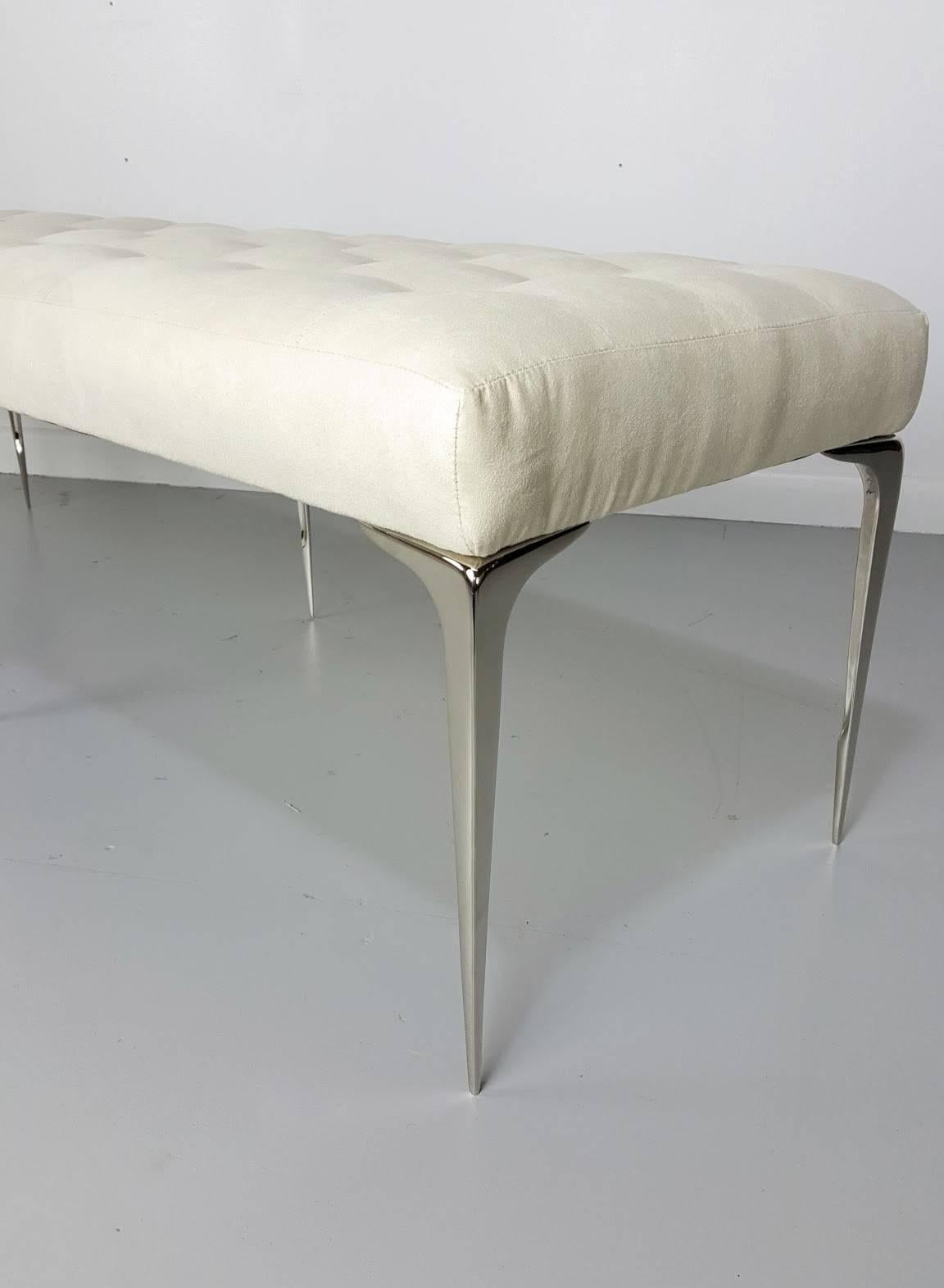 Hollywood Regency Lancia Espansa Bench with Tapered Legs in Polished Nickel