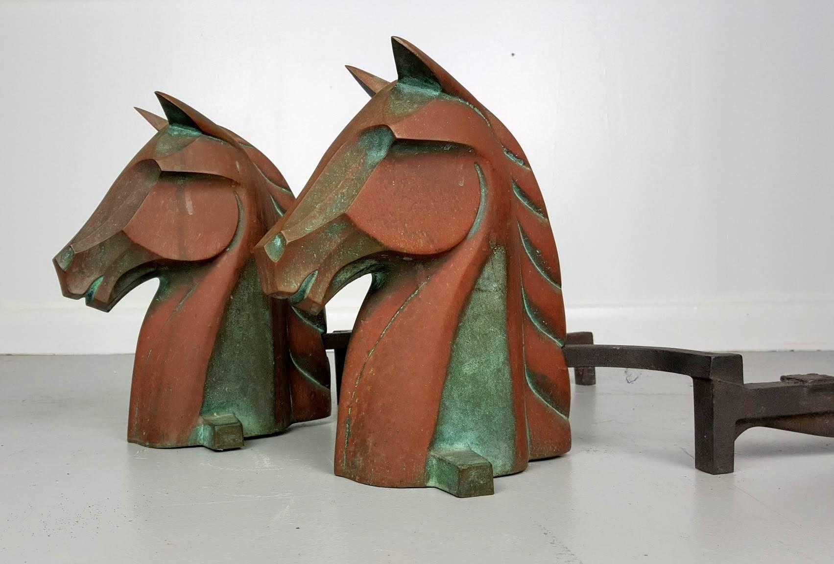 Art Deco Equestrian Horse Head Andirons in Cast Bronze by Reynolds Jones