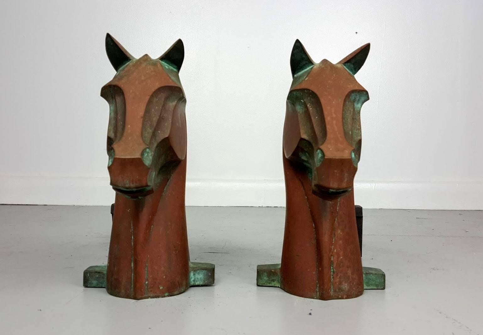 20th Century Equestrian Horse Head Andirons in Cast Bronze by Reynolds Jones