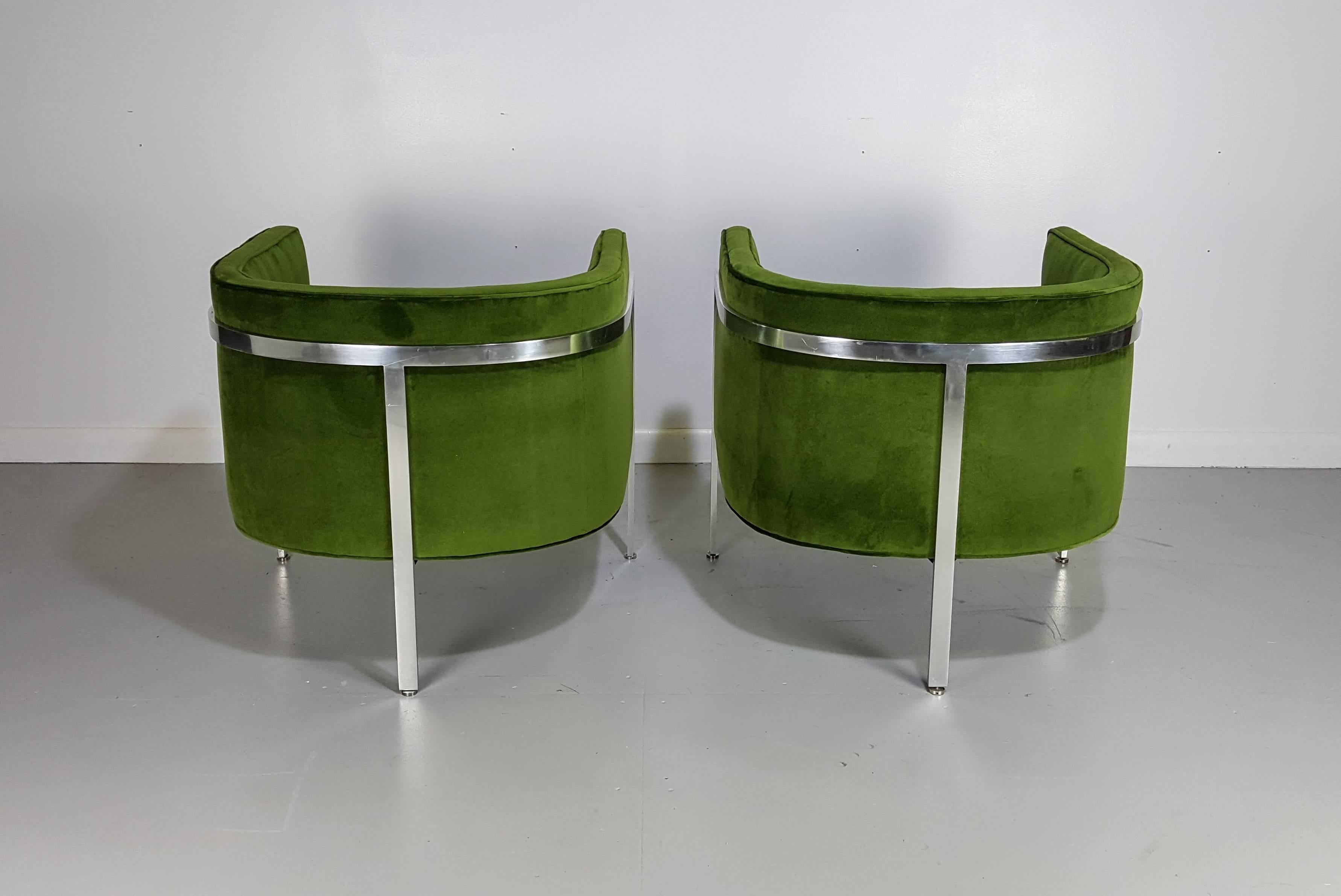 Chrome and velvet lounge chairs by Harvey Probber, 1960s. Amazing design and super comfortable. Fabric and foam are new. Chrome frames have normal wear for age.

See this item in our private NYC showroom! Refine Limited is located in the heart of