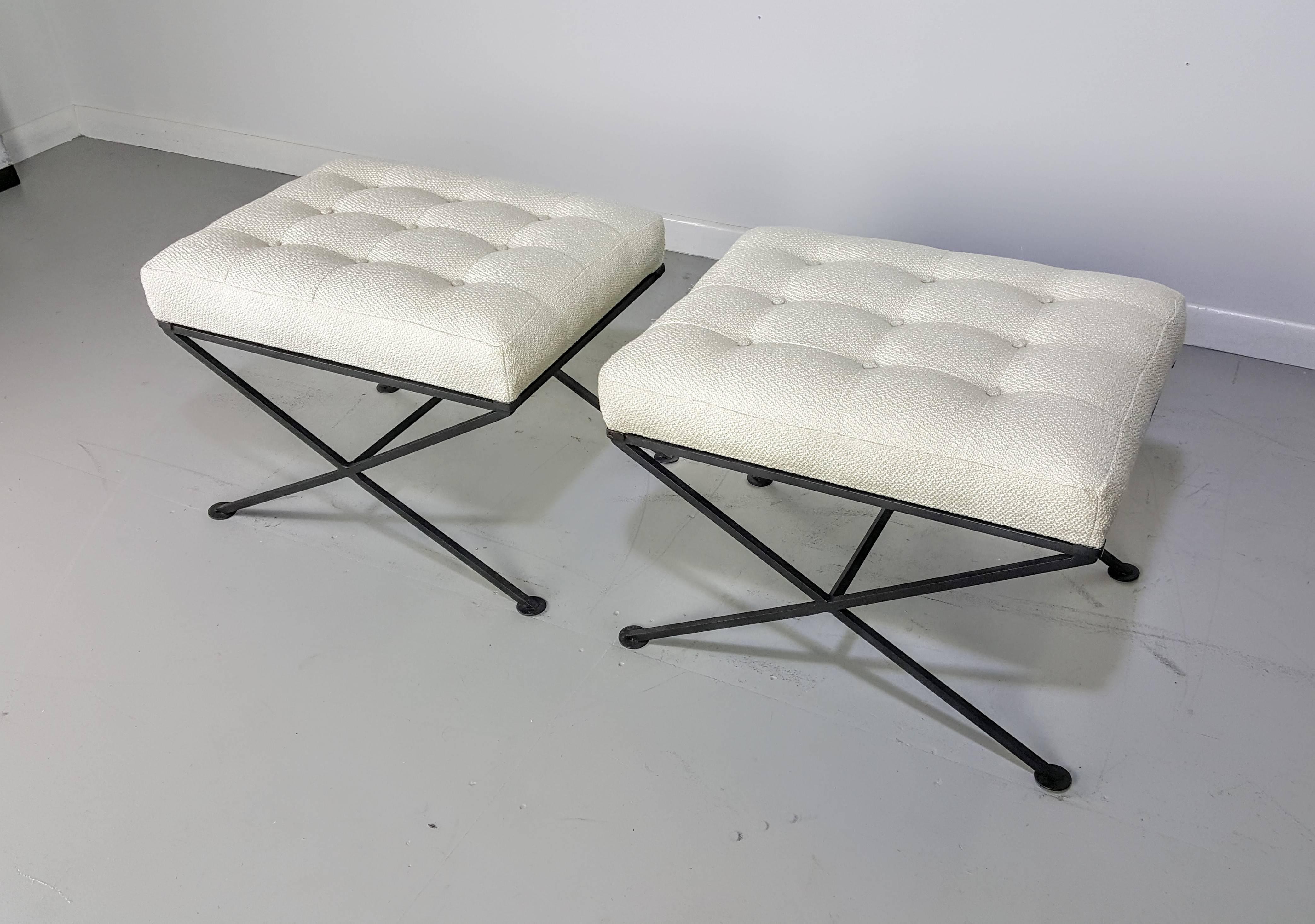 French modern wrought iron stools or benches, 1950s. Newly upholstered and in excellent condition.

See this item in our private NYC showroom! Refine Limited is located in the heart of Chelsea at the history Starrett-LeHigh Building, 601 West 26th