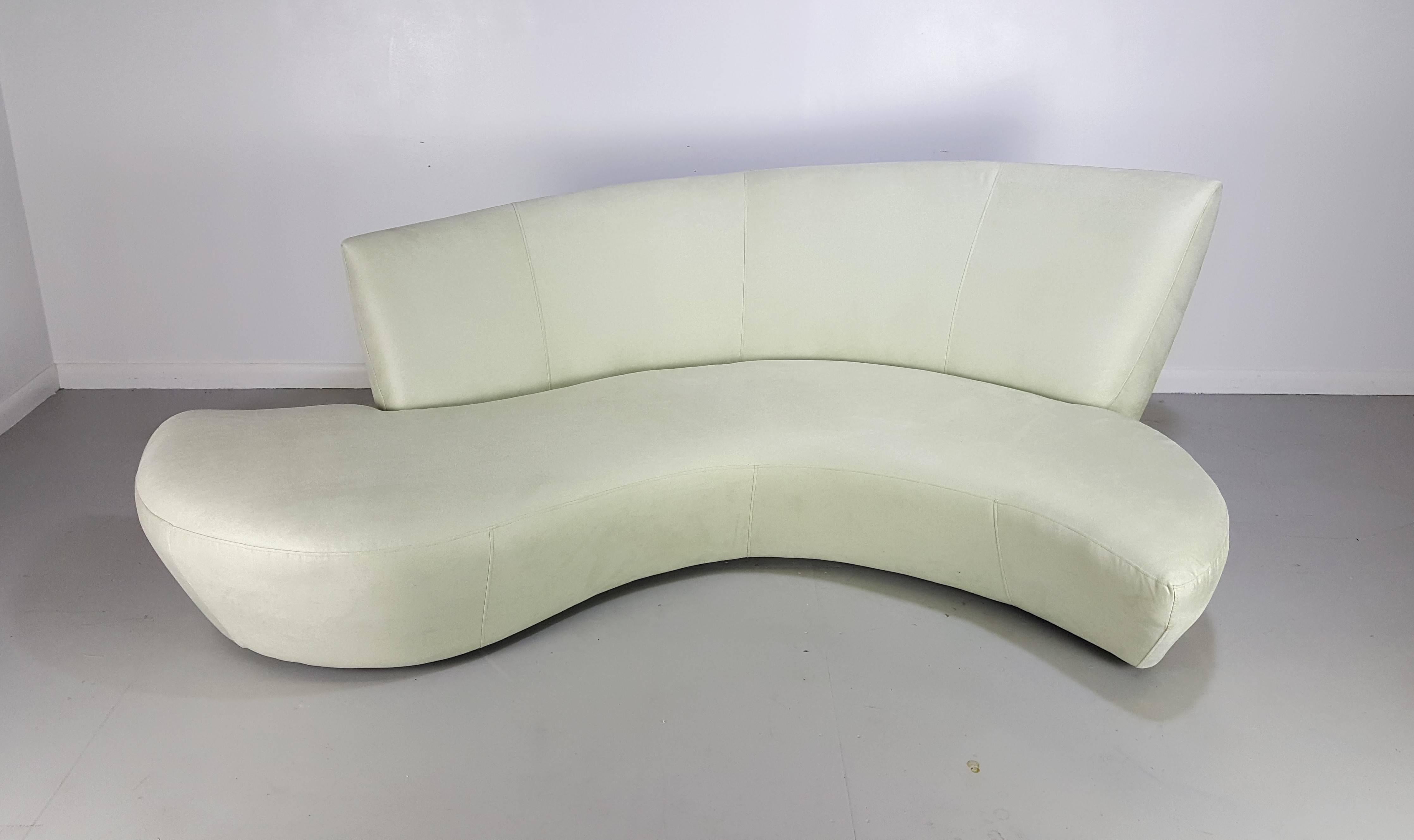 Sculptural Bilbao sofa by Vladimir Kagan in Ultrasuede, 1970s. Newly reupholstered. Color reads as a neutral cream with a pale green cast.  

See this item in our private NYC showroom! Refine Limited is located in the heart of Chelsea at the history