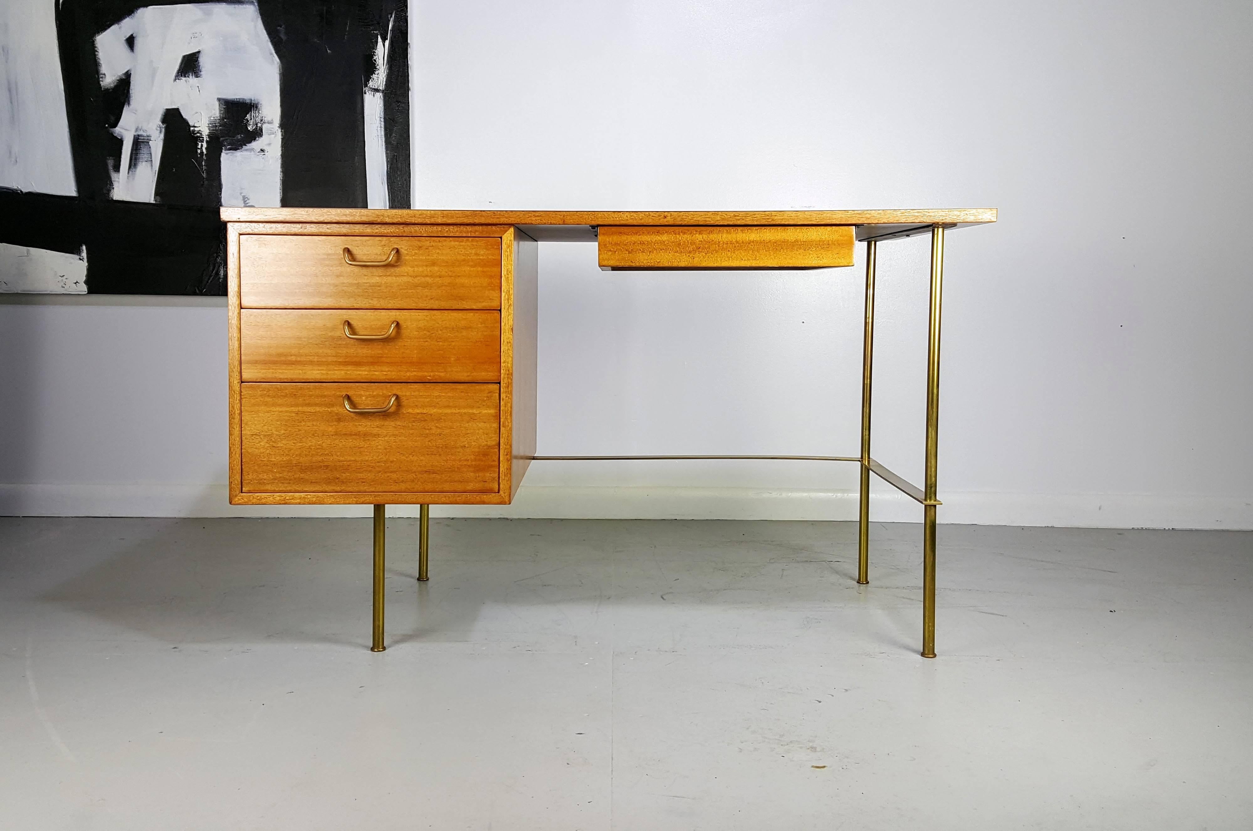 Rare brass and mahogany writing desk by Harvey Probber, 1960s.

See this item in our private NYC showroom! Refine Limited is located in the heart of Chelsea at the history Starrett-LeHigh Building, 601 West 26th Street, Suite M258. Please call us