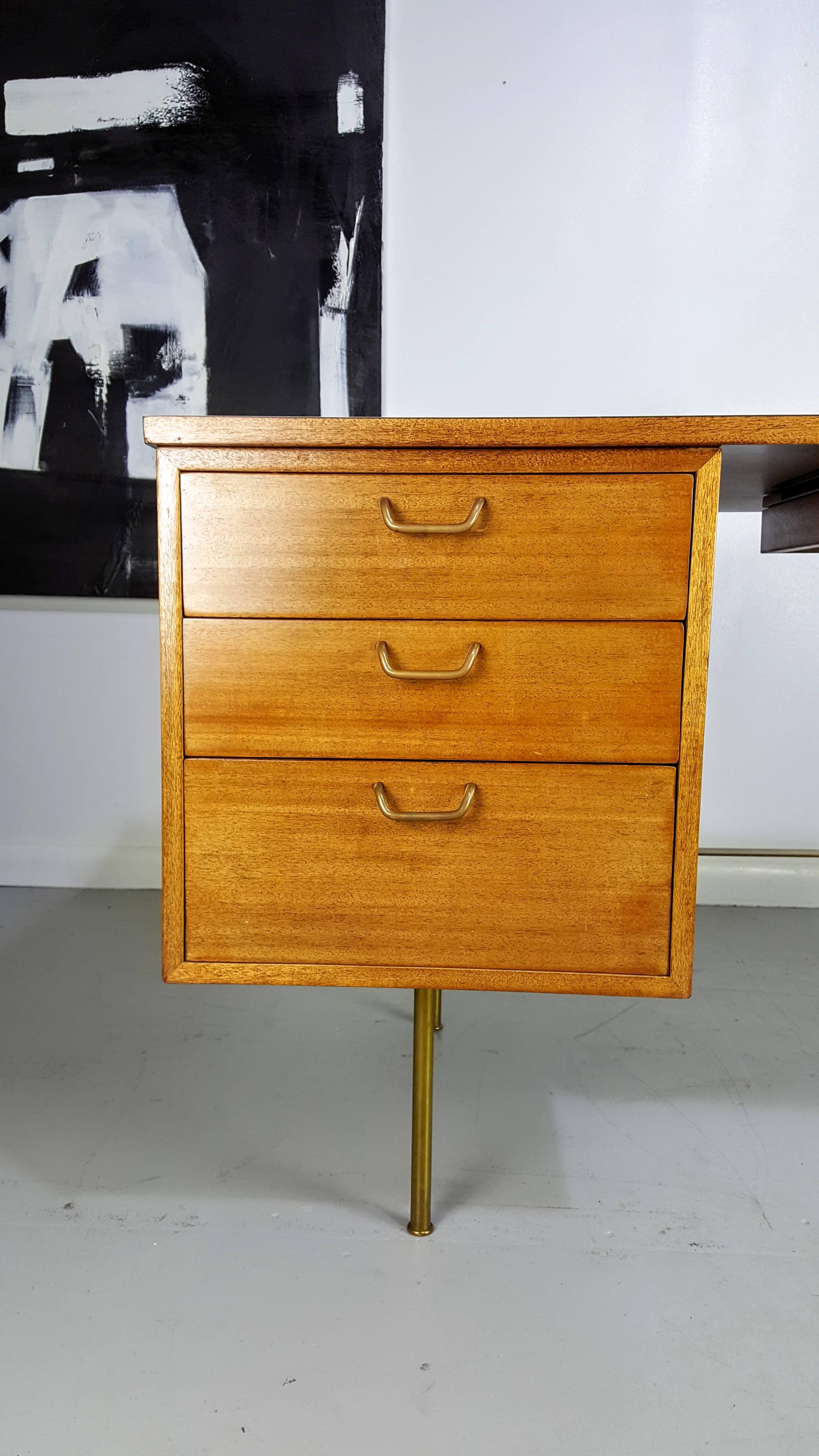 American Rare Brass and Mahogany Writing Desk by Harvey Probber, 1960s