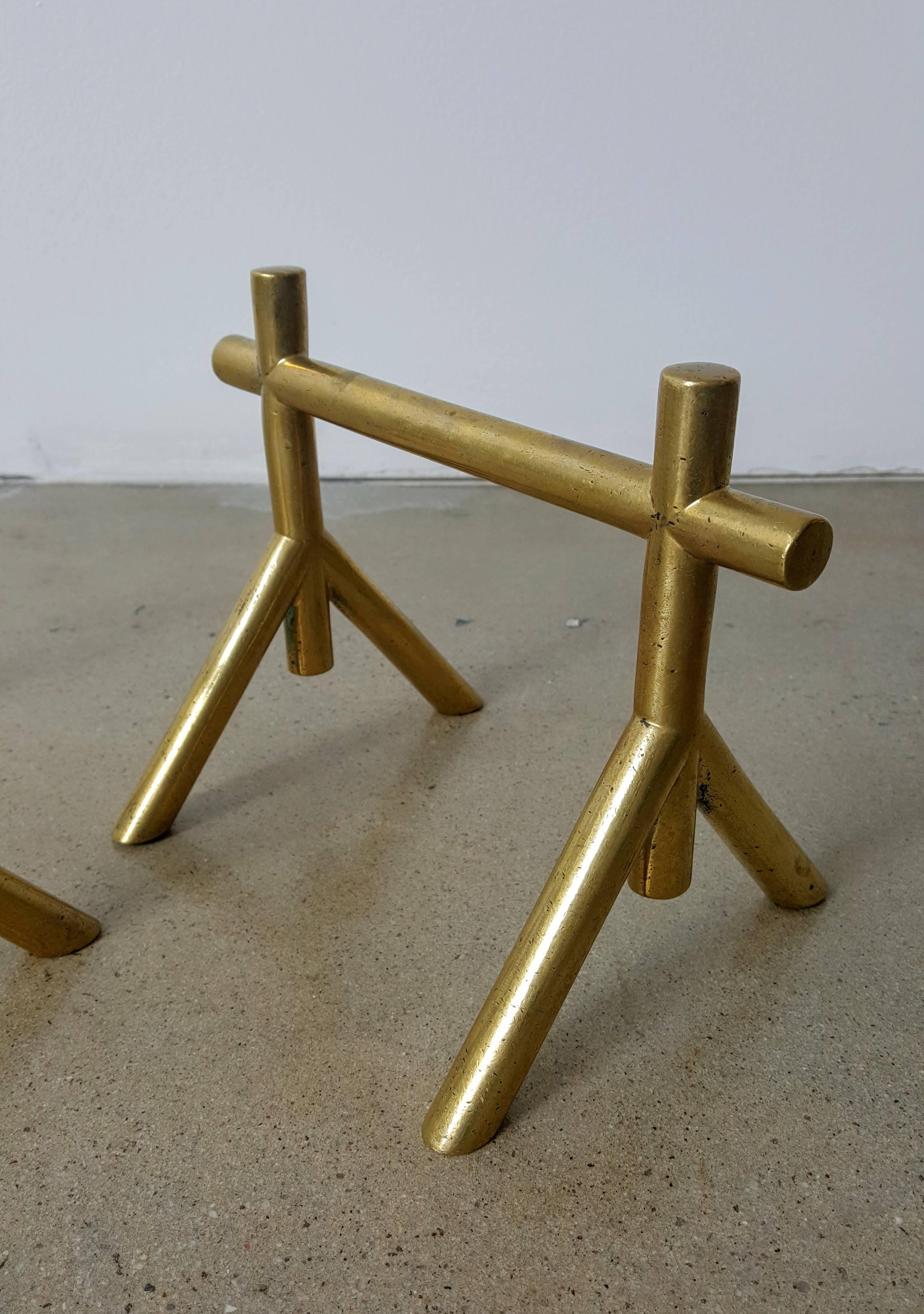 English Petite Solid Brass Andirons or Fire Dogs, style of Christopher Dresser