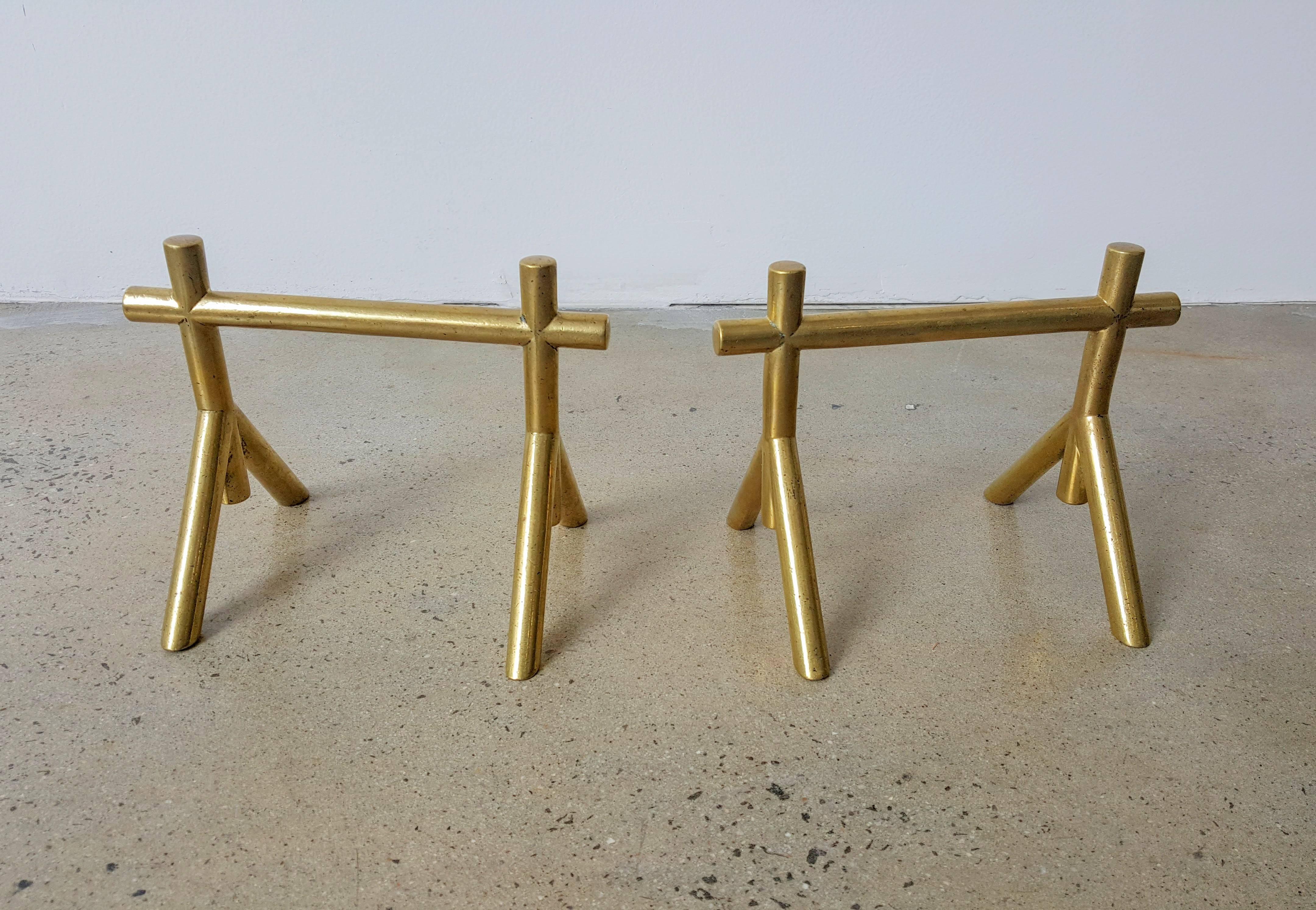 Mid-Century Modern Petite Solid Brass Andirons or Fire Dogs, style of Christopher Dresser
