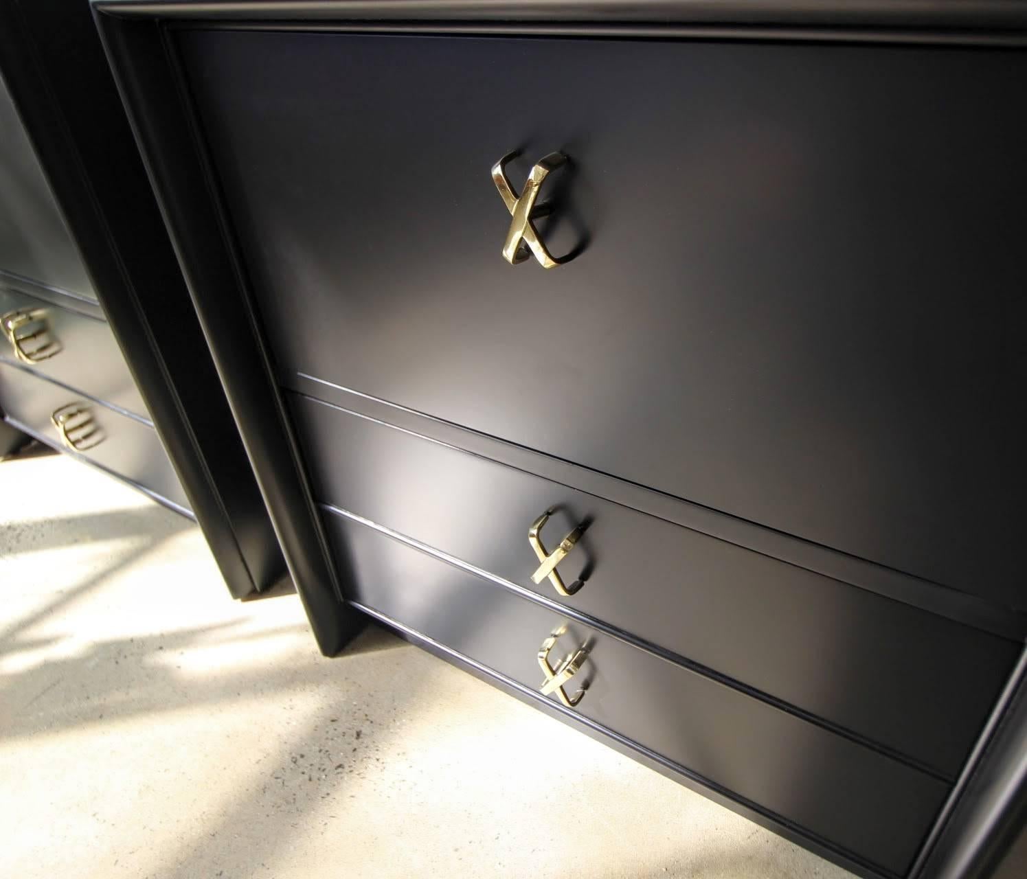 Mid-Century Modern Paul Frankl Nightstands in Charcoal Black Lacquer for Johnson Furniture, 1950s