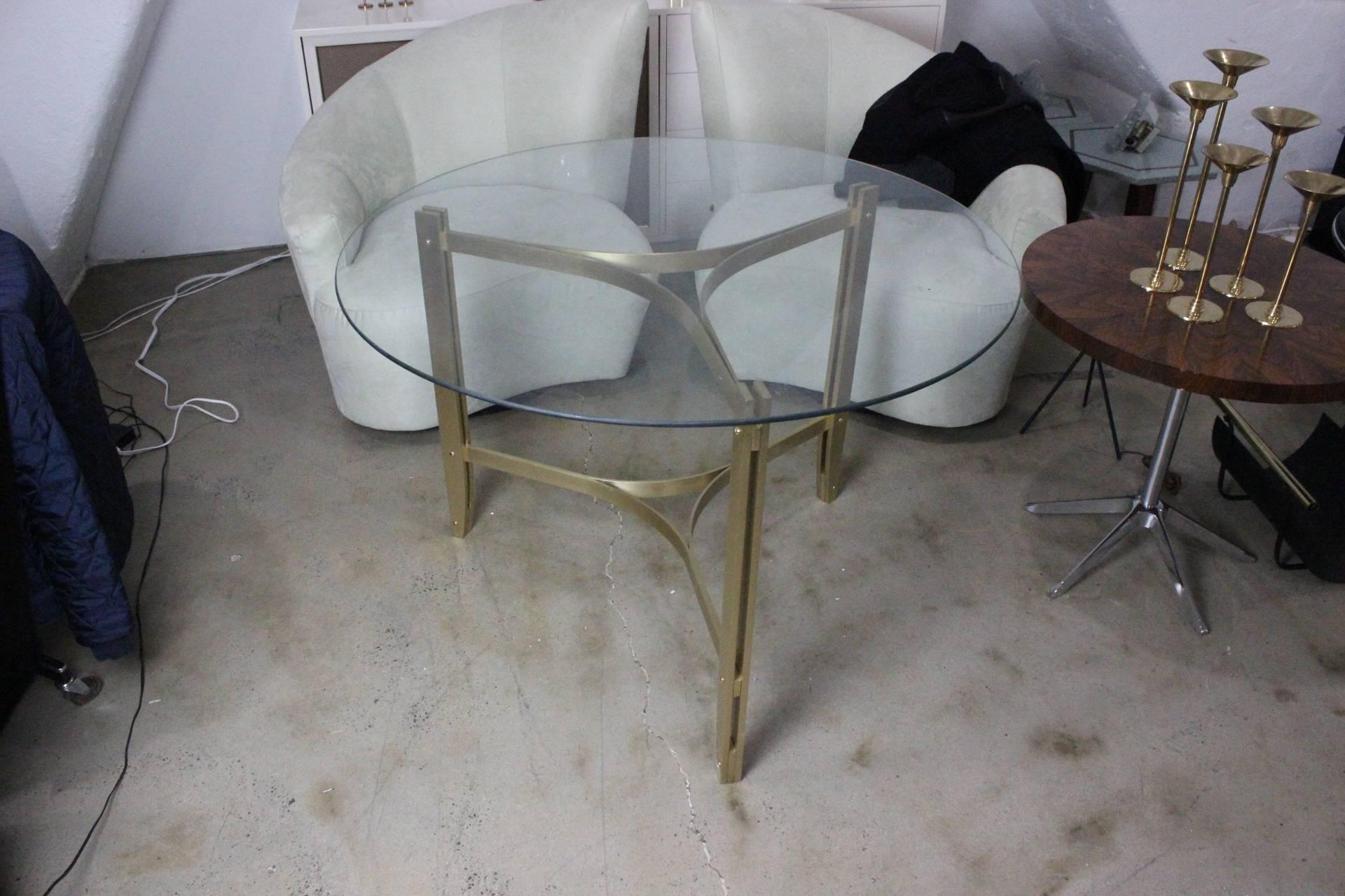 Round solid brass dining table, 1970s. Very Heavy. Newly polished. In the style of Charles Hollis Jones, Mastercraft, etc. 46