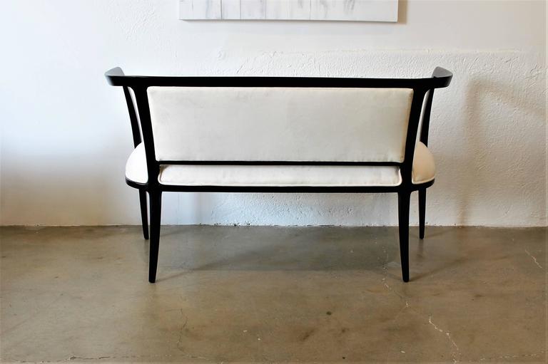 Mid-20th Century Sculptural Open Arm Settee or Bench Ebonized with White Velvet, 1940s