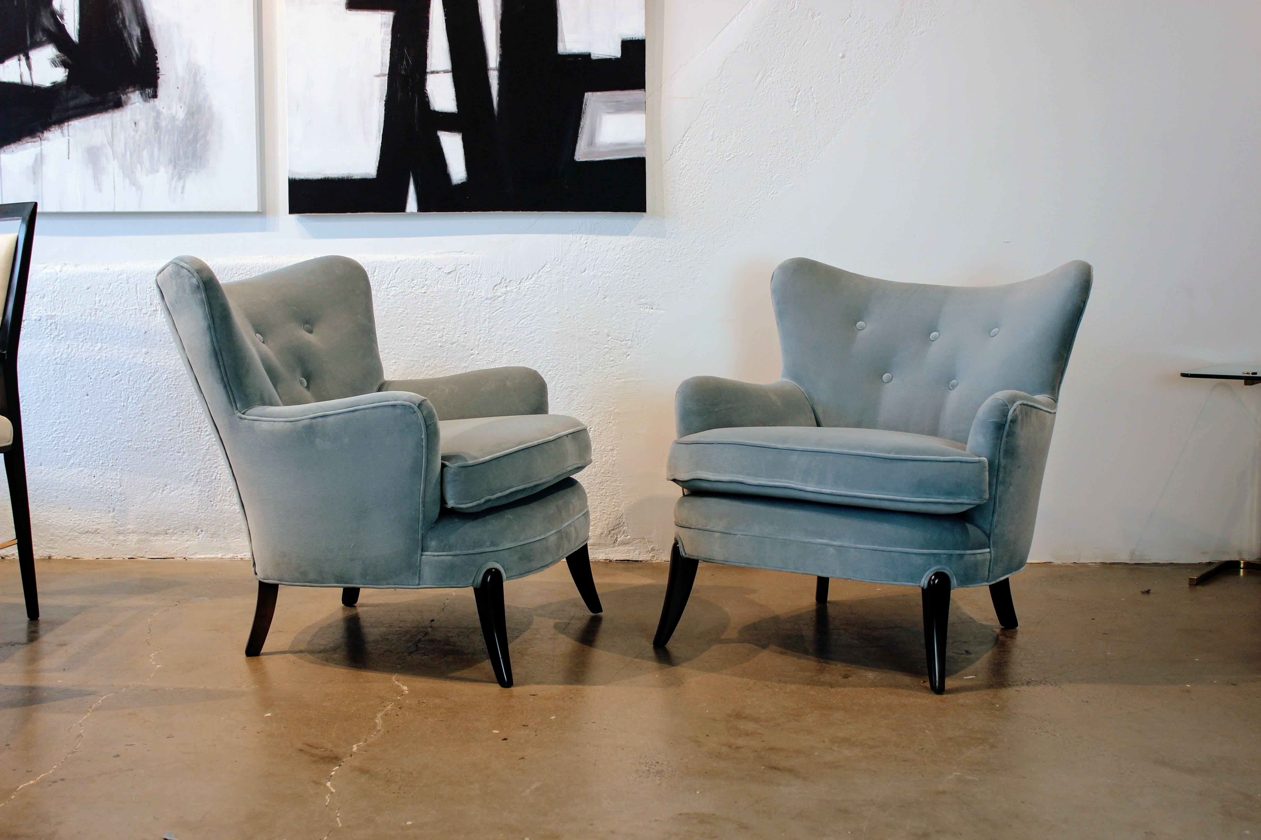 Velvet Wicked Wing Back Lounge Chairs in the Style of Frits Henningsen, 1950s