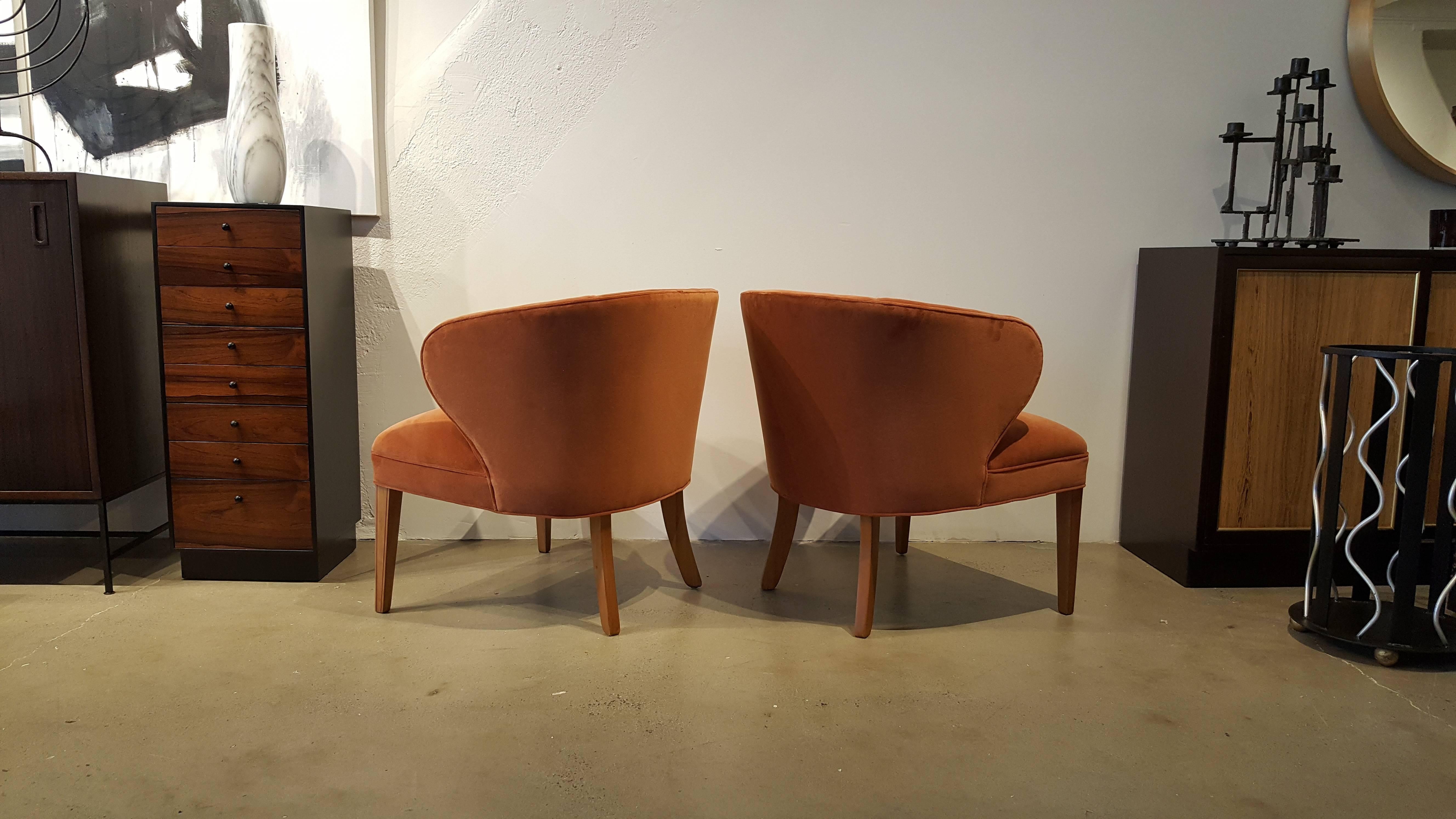 Scandinavian Modern Comfy Sculptural Scandinavian Armchairs in Apricot Velvet, 1960s