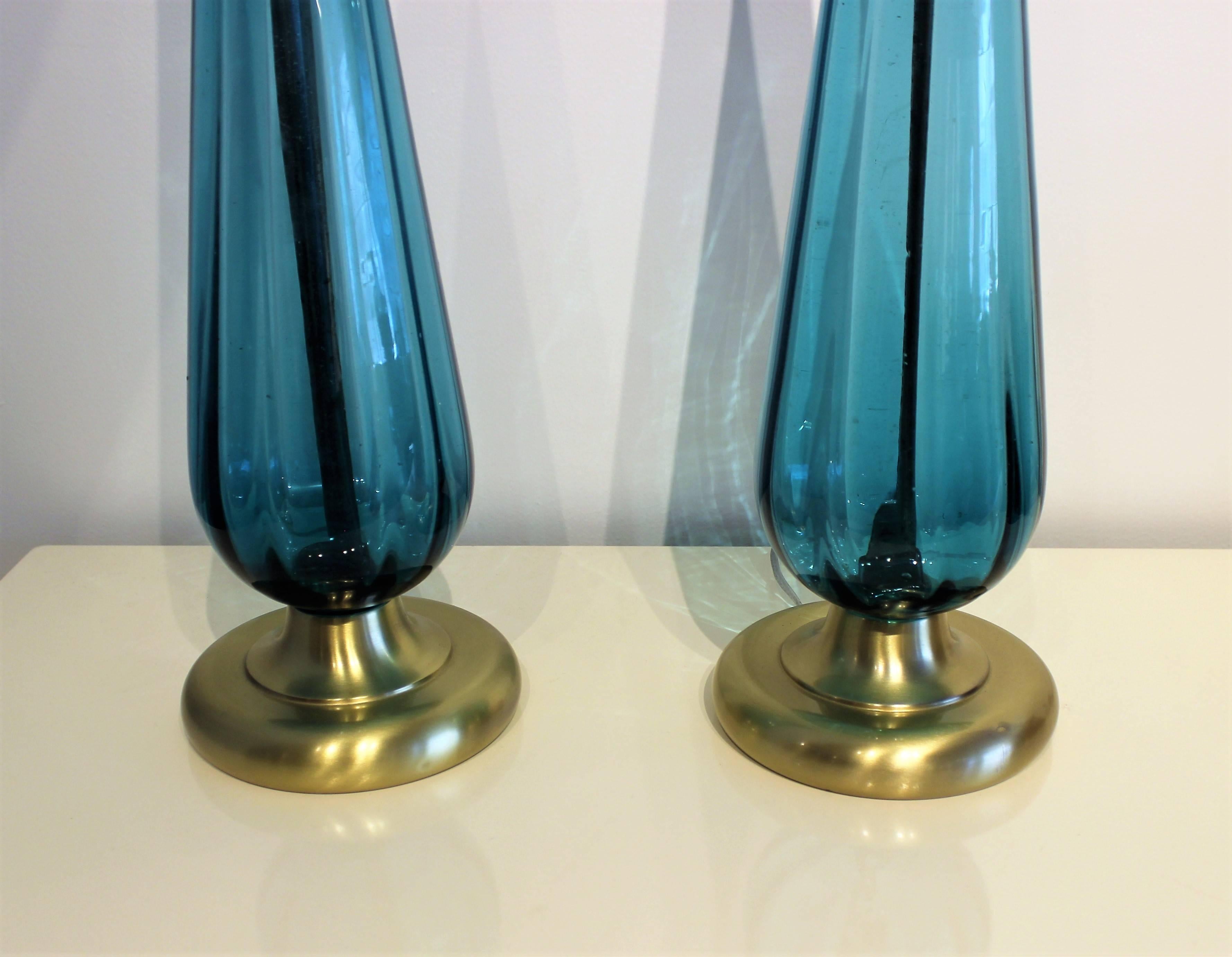 Mid-20th Century Large Handblown Murano Glass Lamps in Cyan Blue Green, Italy 1960s