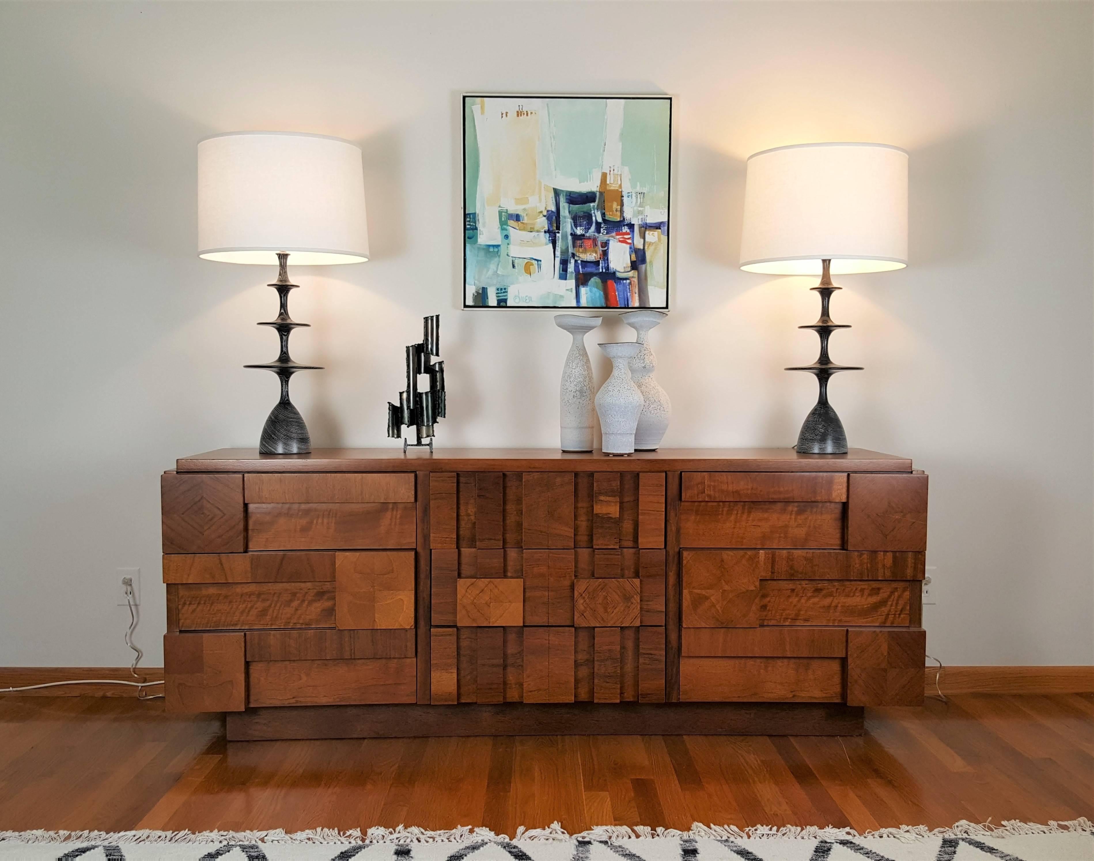 Stunning example of the midcentury Brutalist Mosaic series from Lane--low chest or nine-drawer dresser. This piece has been fully restored and is just gorgeous. Works well as a buffet, credenza or entertainment console, as well--versatile and