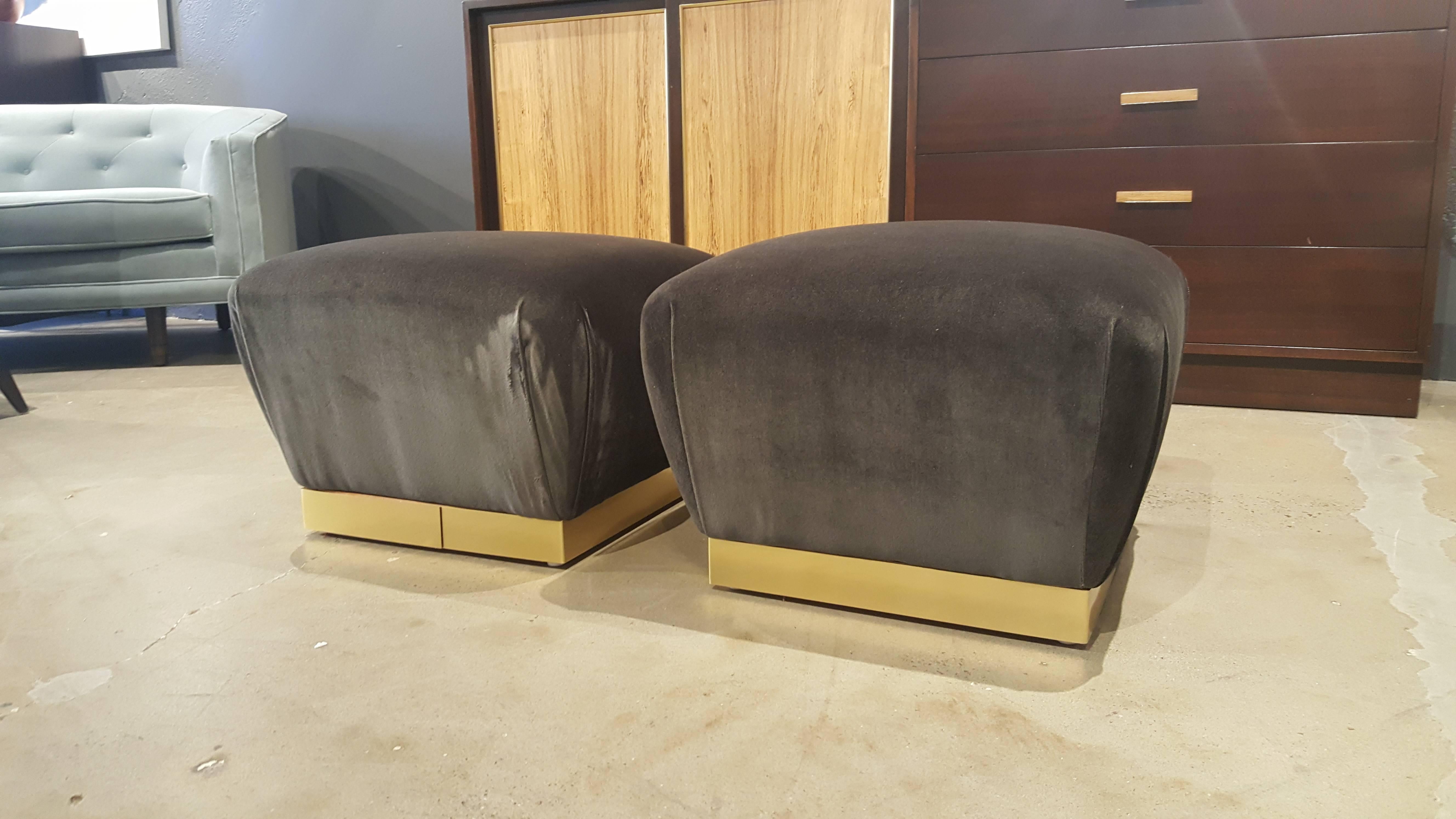 Late 20th Century Luxe Pair of Petite Souffle Poufs in Brass and Mohair, Style of Springer, 1970s