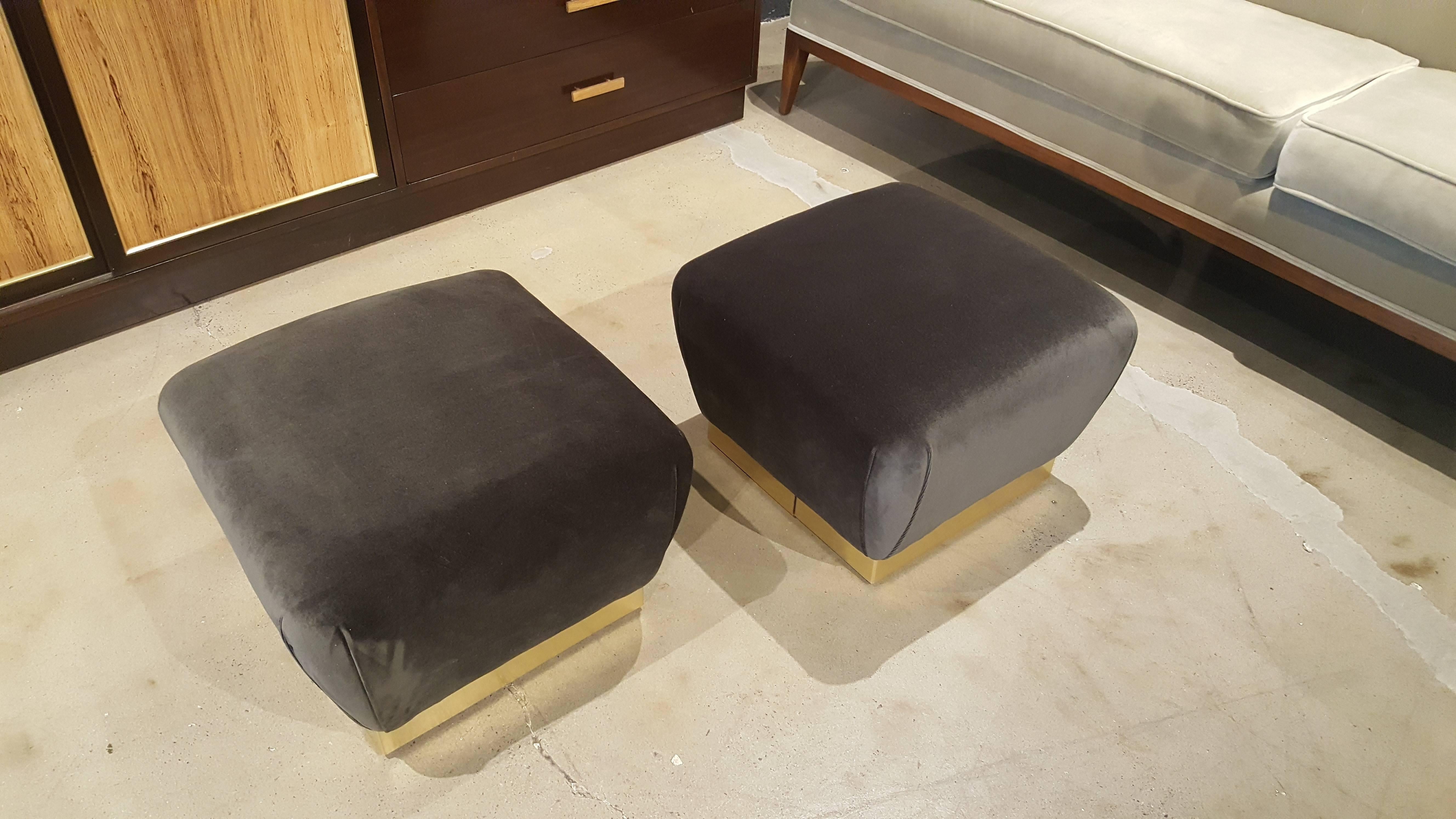 Luxe Pair of Petite Souffle Poufs in Brass and Mohair, Style of Springer, 1970s 1