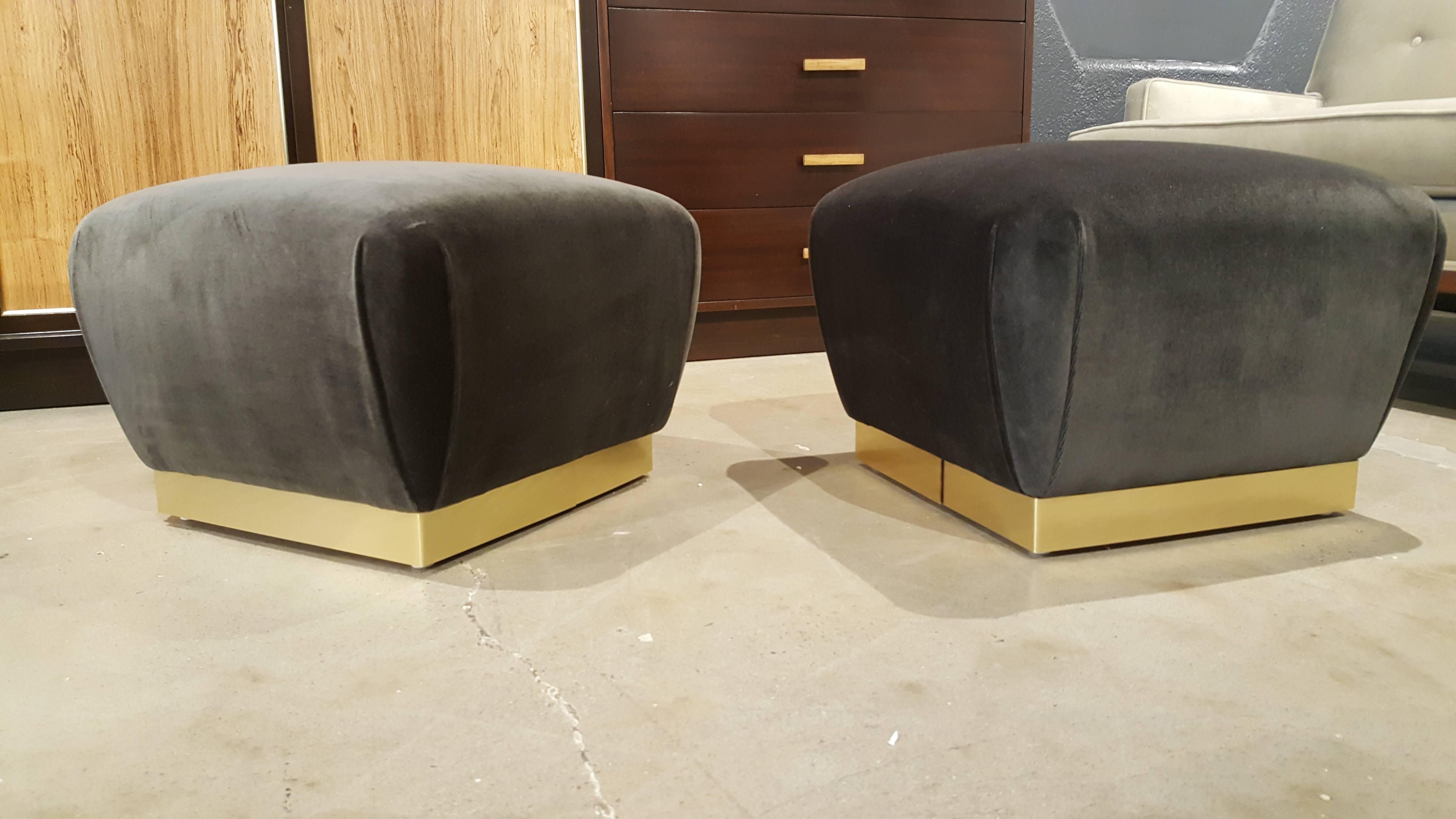 Luxe Pair of Petite Souffle Poufs in Brass and Mohair, Style of Springer, 1970s In Excellent Condition In New York, NY