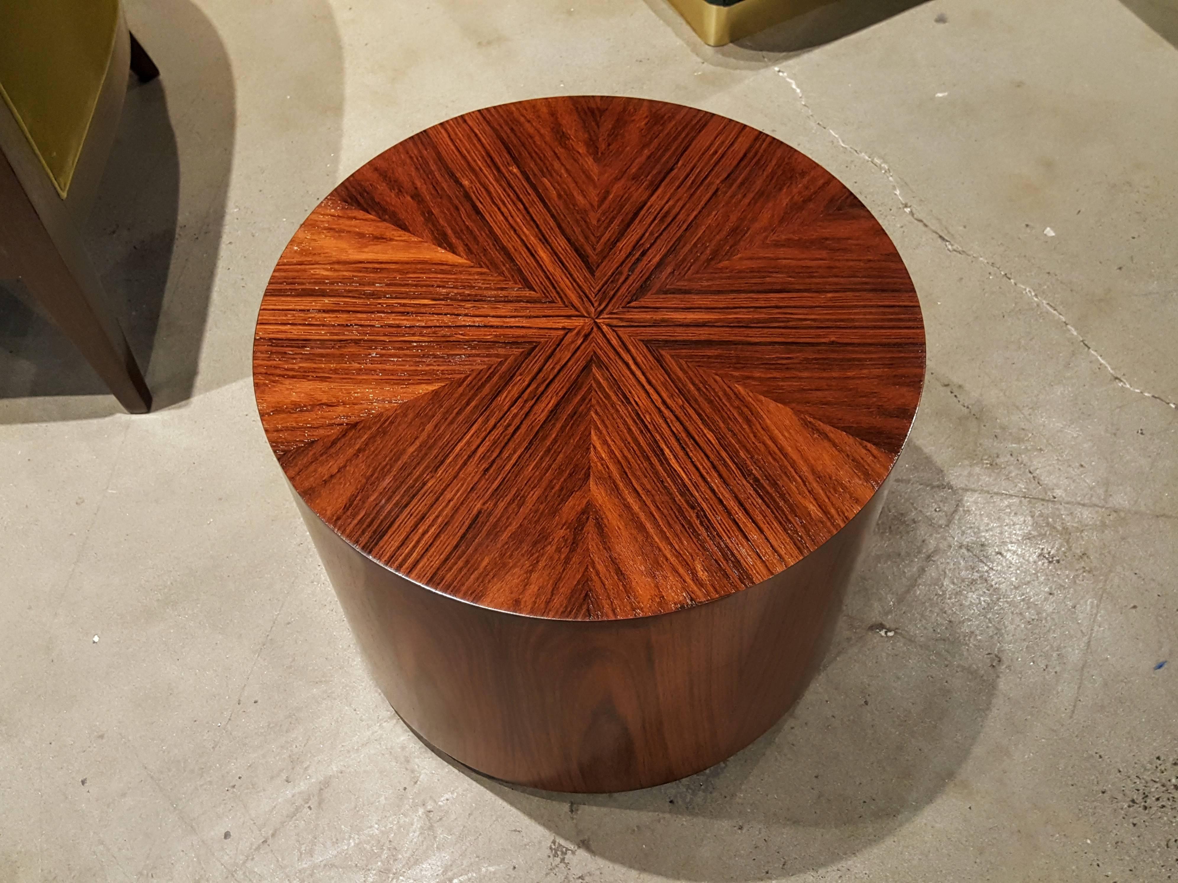 This piece glows! Rare rosewood drum end table by Harvey Probber, 1960s. Gorgeous, dramatic exotic wood grain with lovely book-matched pattern on top stunning piece of occasional furniture. Works well with modern and traditional interiors. Perfectly