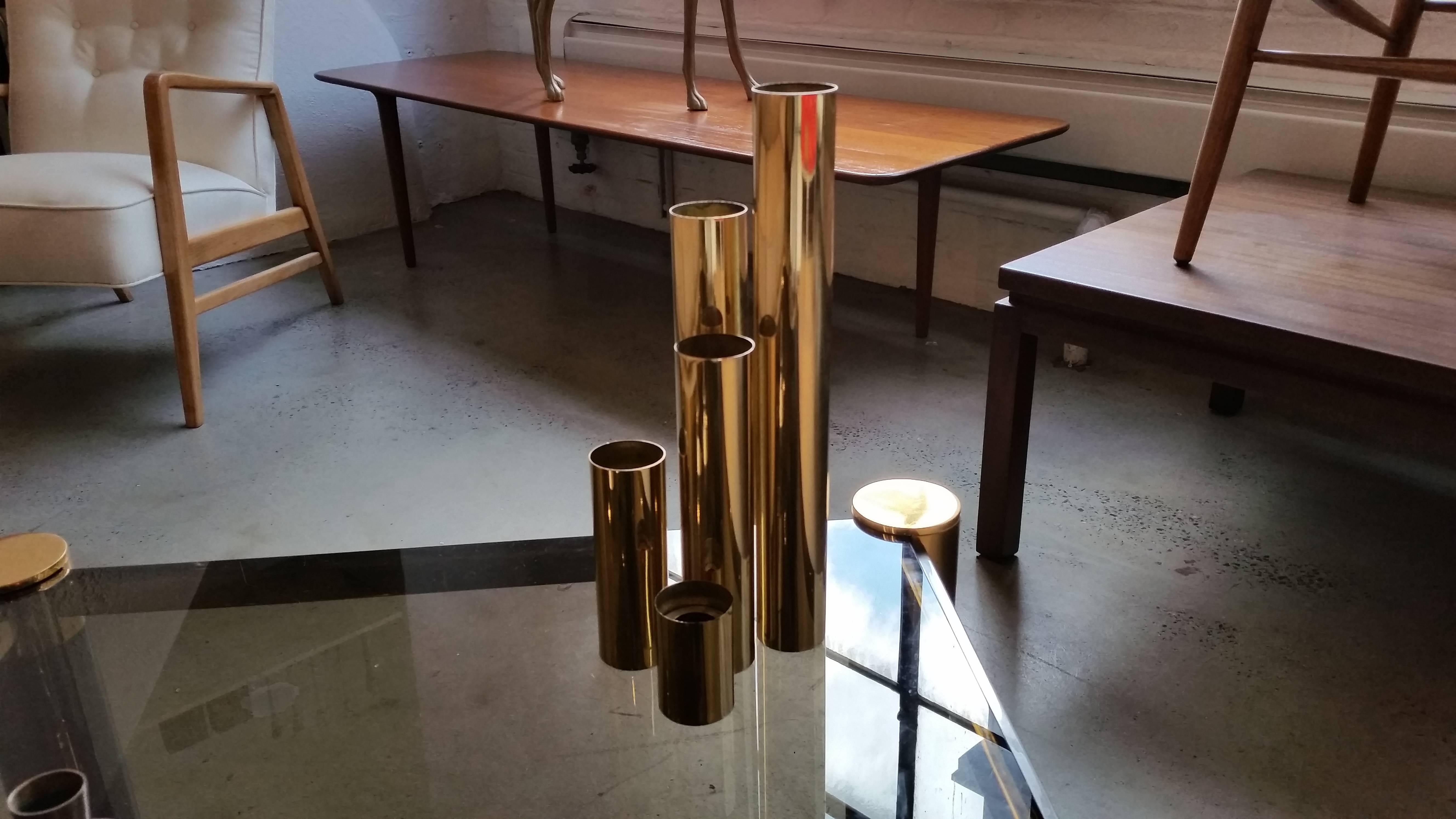 American Set of Five 1970s Glam Tubular Brass Candleholders, Restored