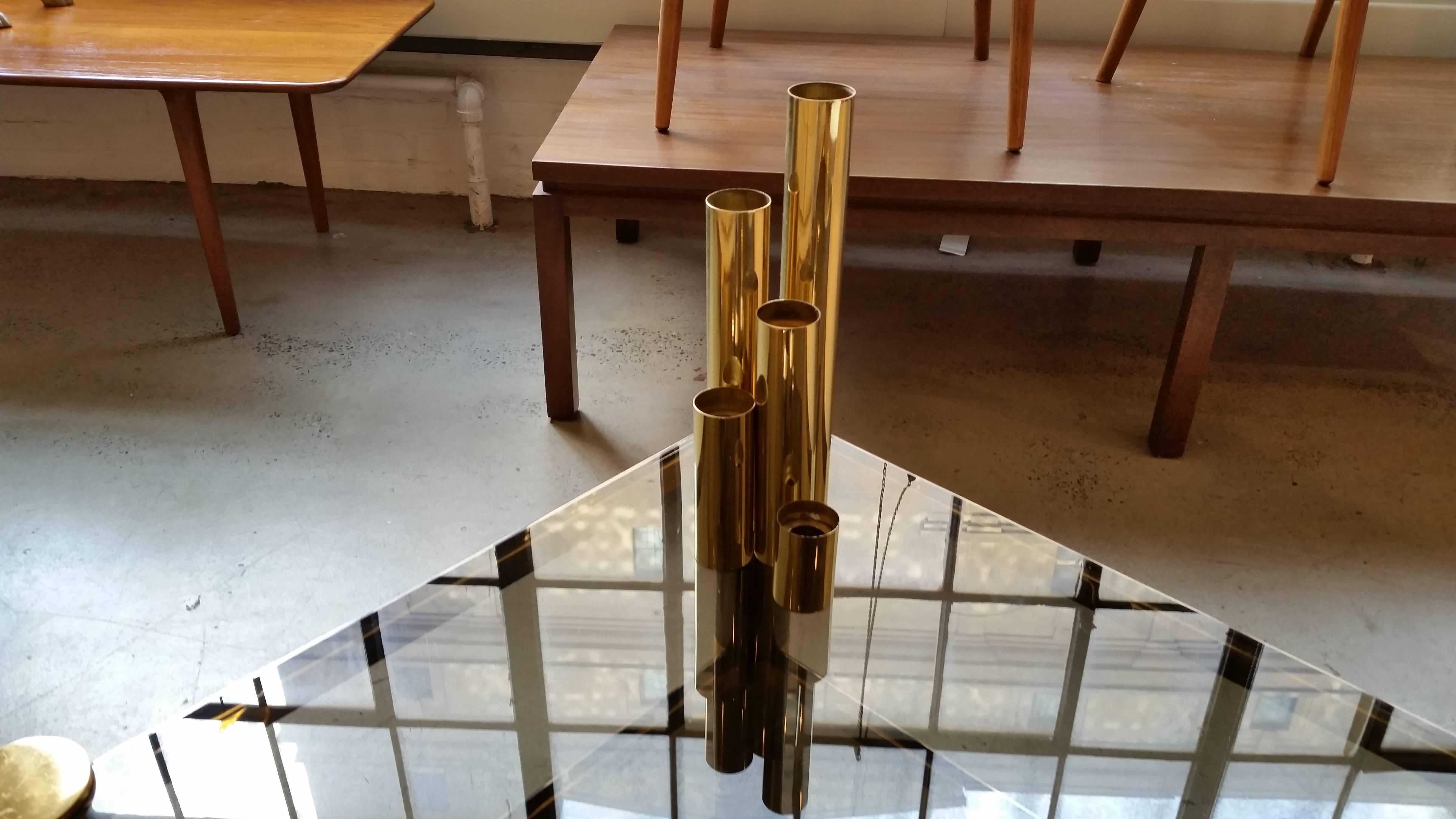 Mid-Century Modern Set of Five 1970s Glam Tubular Brass Candleholders, Restored