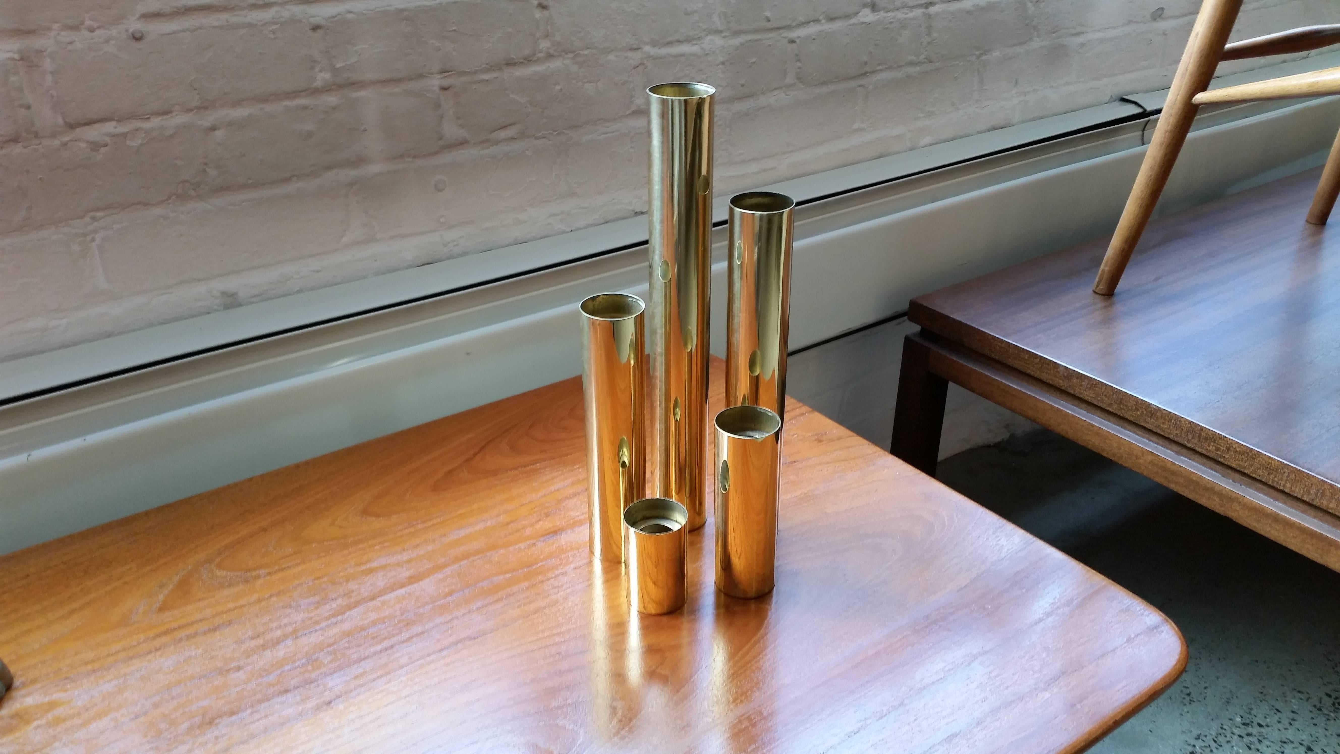 Set of Five 1970s Glam Tubular Brass Candleholders, Restored In Excellent Condition In New York, NY
