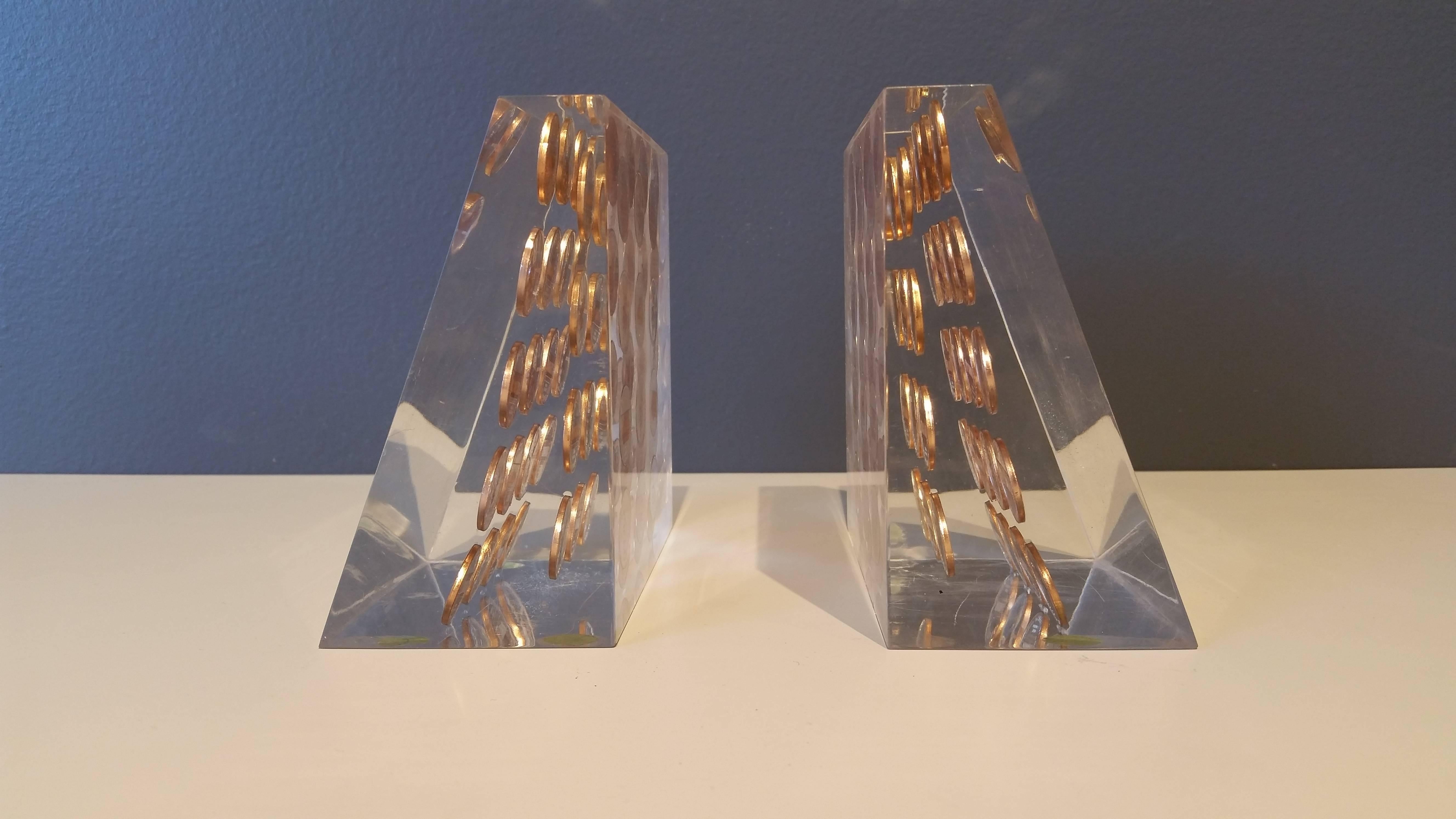 American Glam Midcentury Lucite Bookends with Embedded, 1968 Pennies
