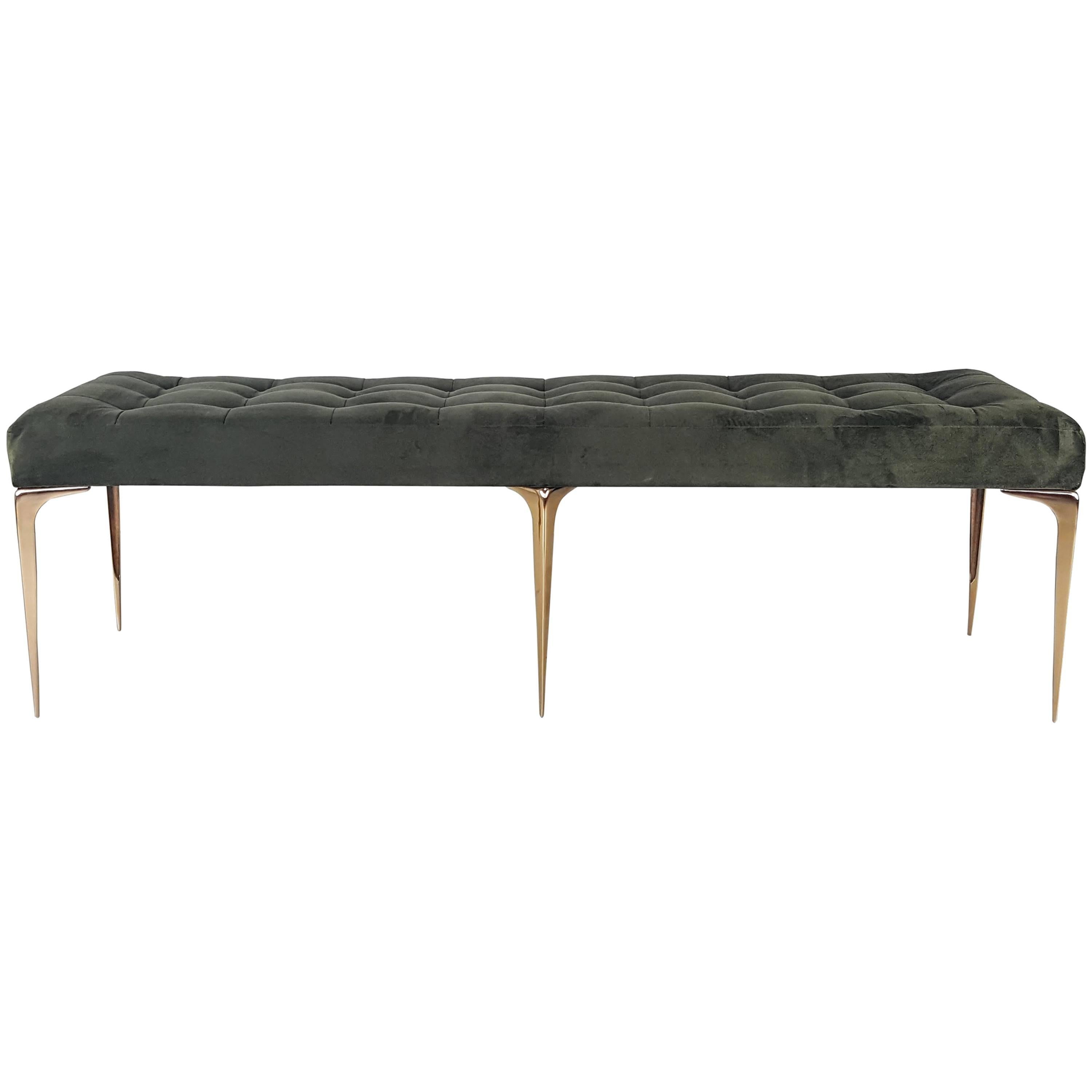 Mid-Century Italian Style Bench with Solid Bronze Tapered Legs in Gray Velvet