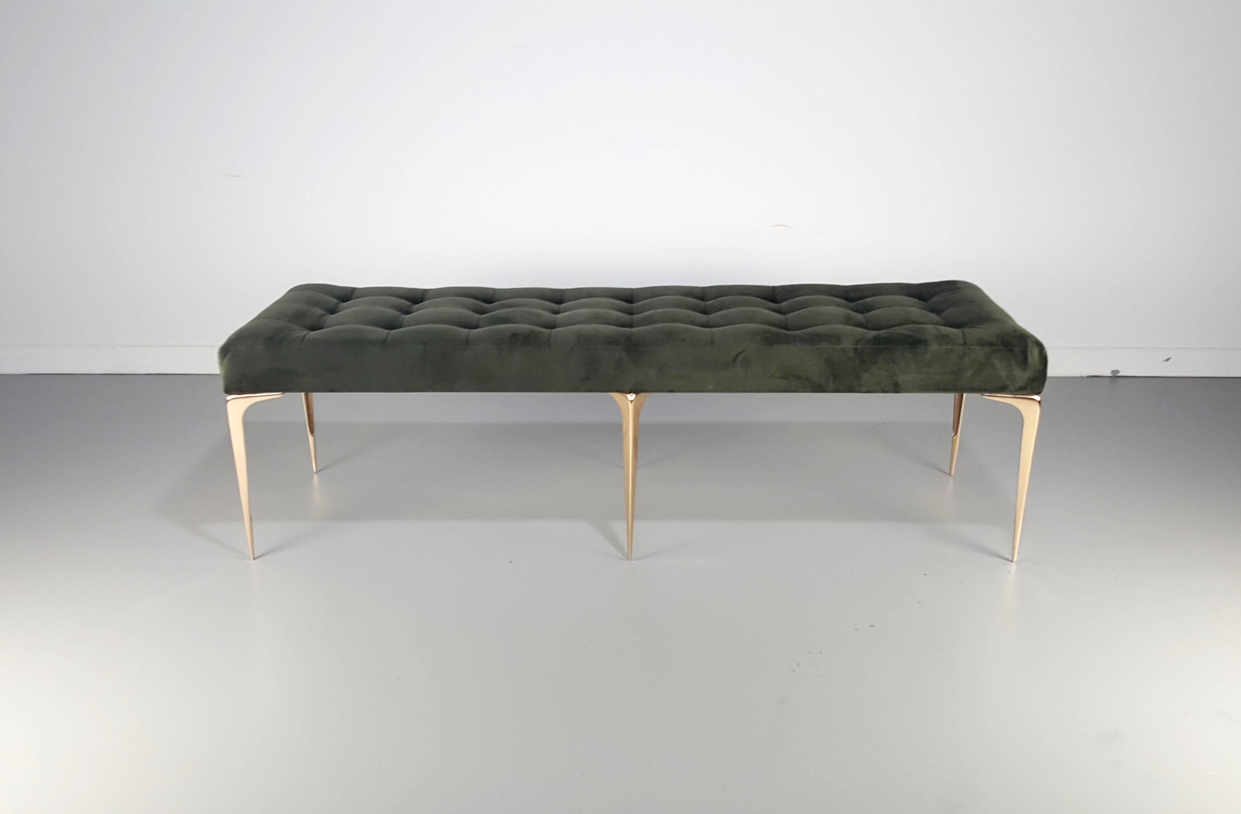 Mid-Century Italian Style Bench with Solid Bronze Tapered Legs in Gray Velvet (Messing)