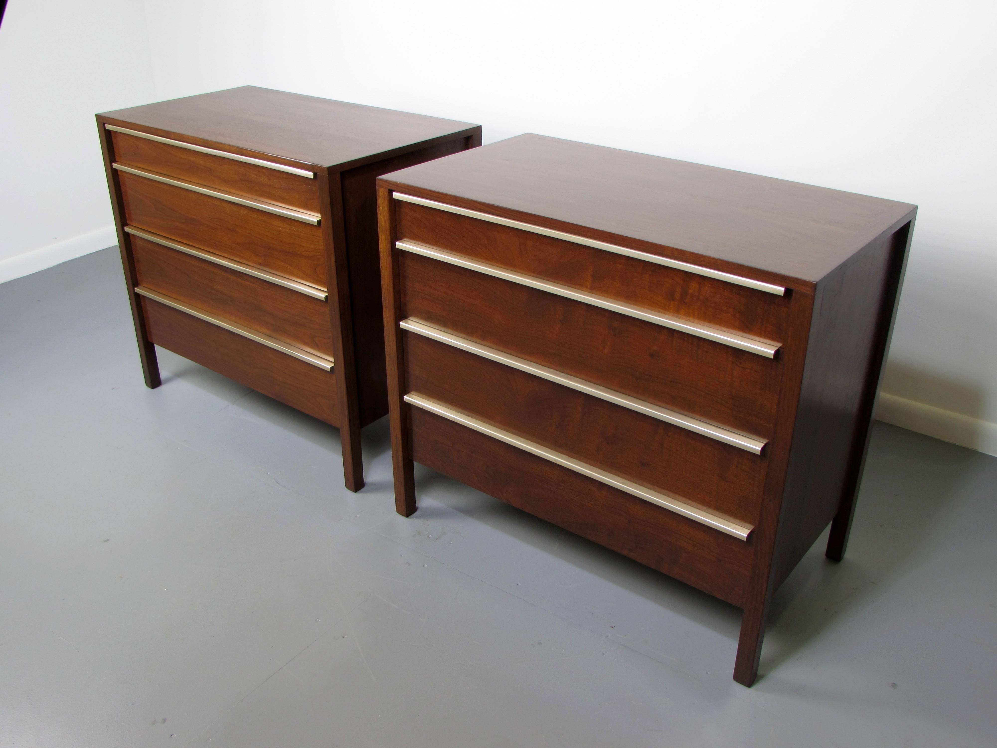 Pair of walnut and aluminum dressers by William Pahlmann, 1952. Fully restored and in excellent condition.

We offer free regular deliveries to NYC and Philadelphia area. Delivery to DC, MD, CT and MA are available if schedule permits, please