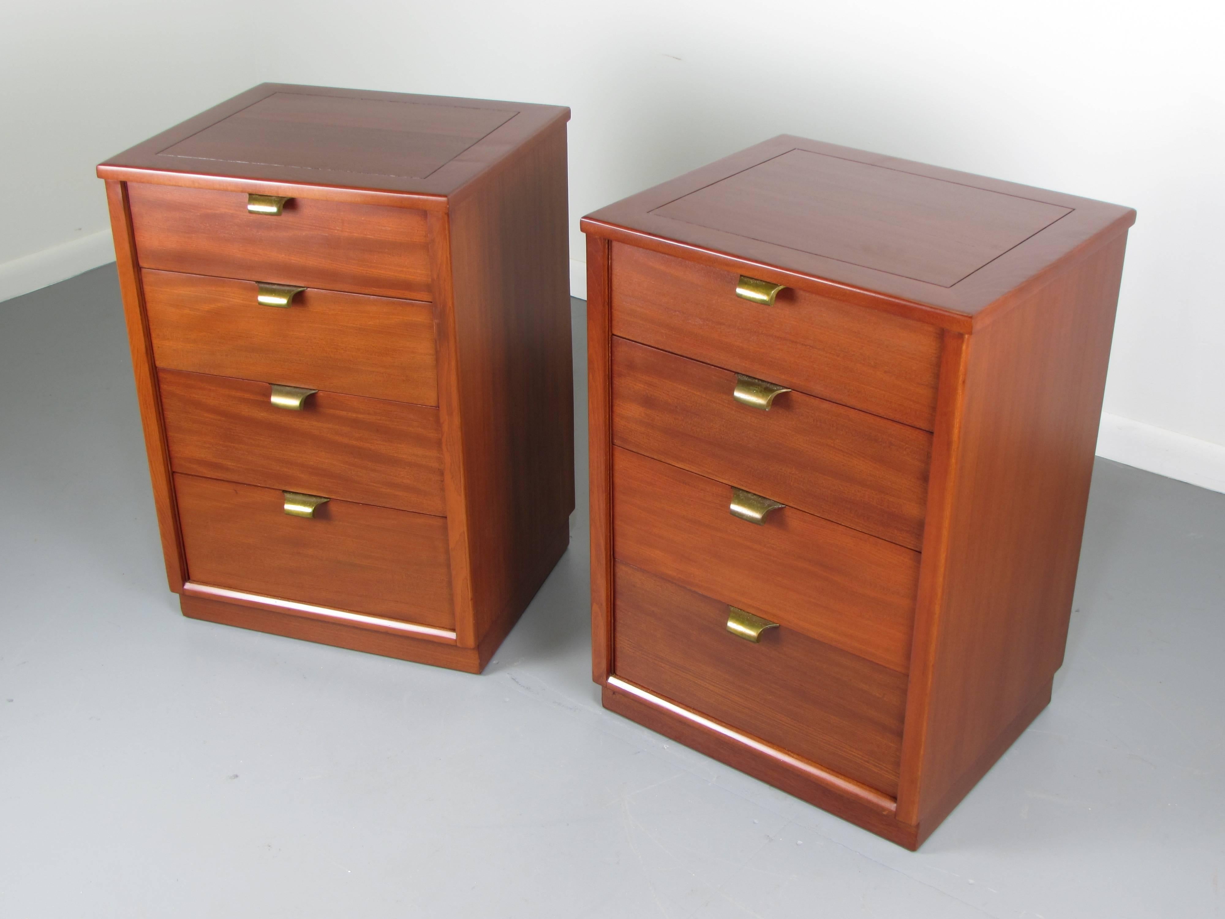 Pair of gorgeous mahogany nightstands by Edward Wormley for Drexel, 1950s. These pieces have been fully restored and are in excellent condition. Drawer pulls retain original patina.

See this item in our private NYC showroom! Refine Limited is