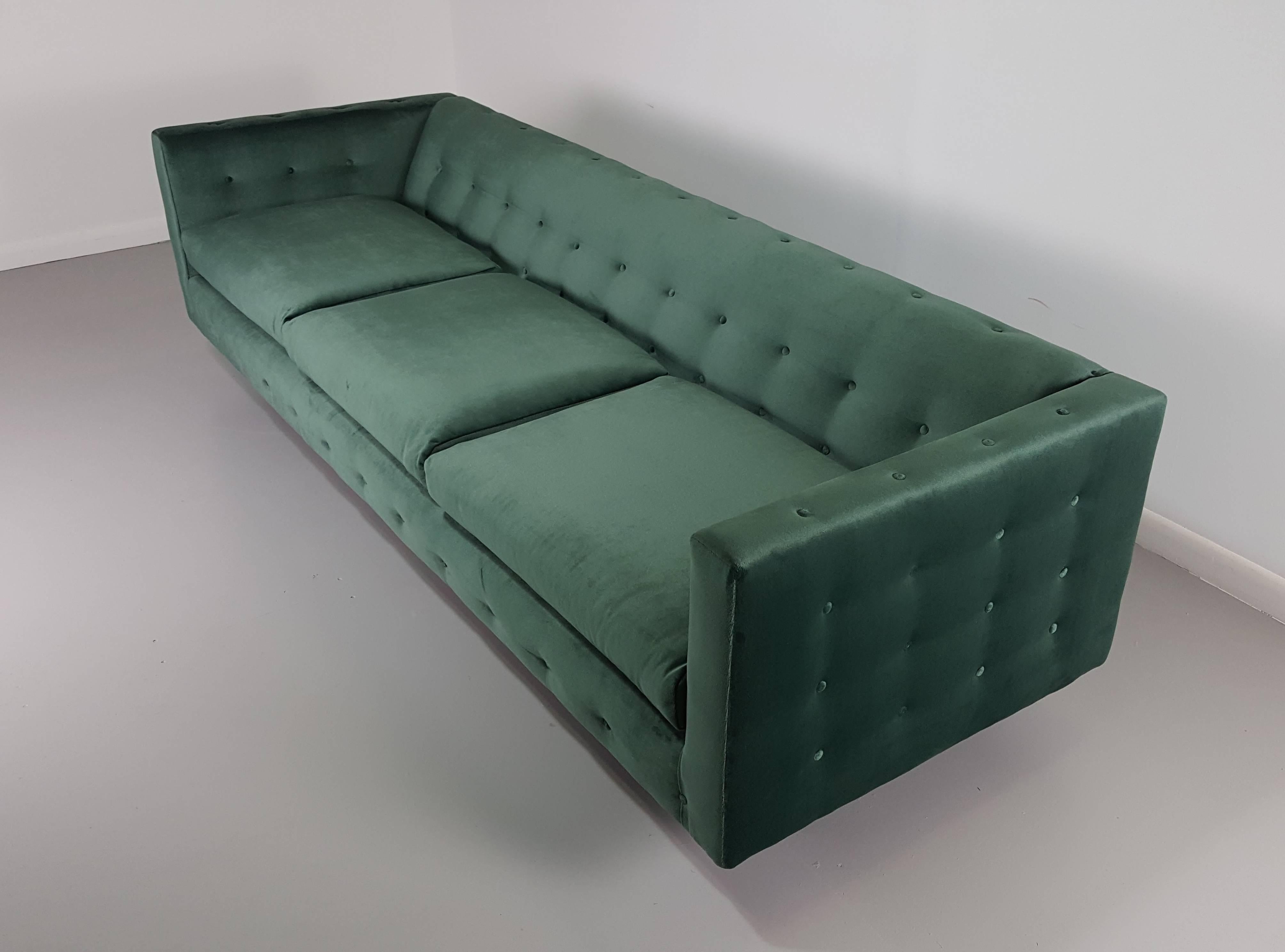 Stunning tuxedo sofa in velvet with button detail by Harvey Probber, 1960s. This is one of the sexiest sofas we've had. The button detail is both gorgeous and unusual. It has been fully restored and in excellent condition. 