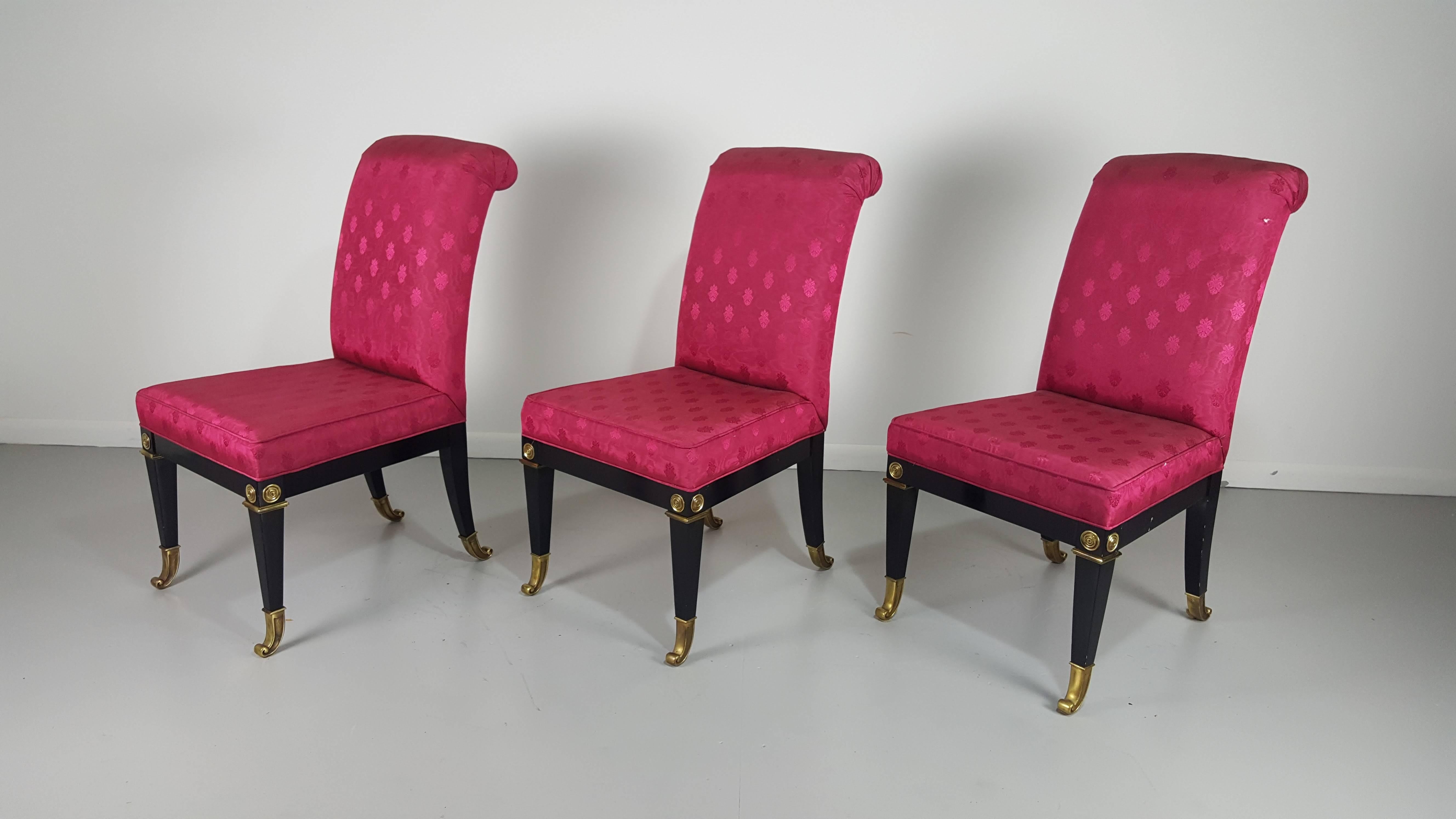 Incredible Neoclassical Lacquer and Brass Dining Chairs by Mastercraft, 1970s 2