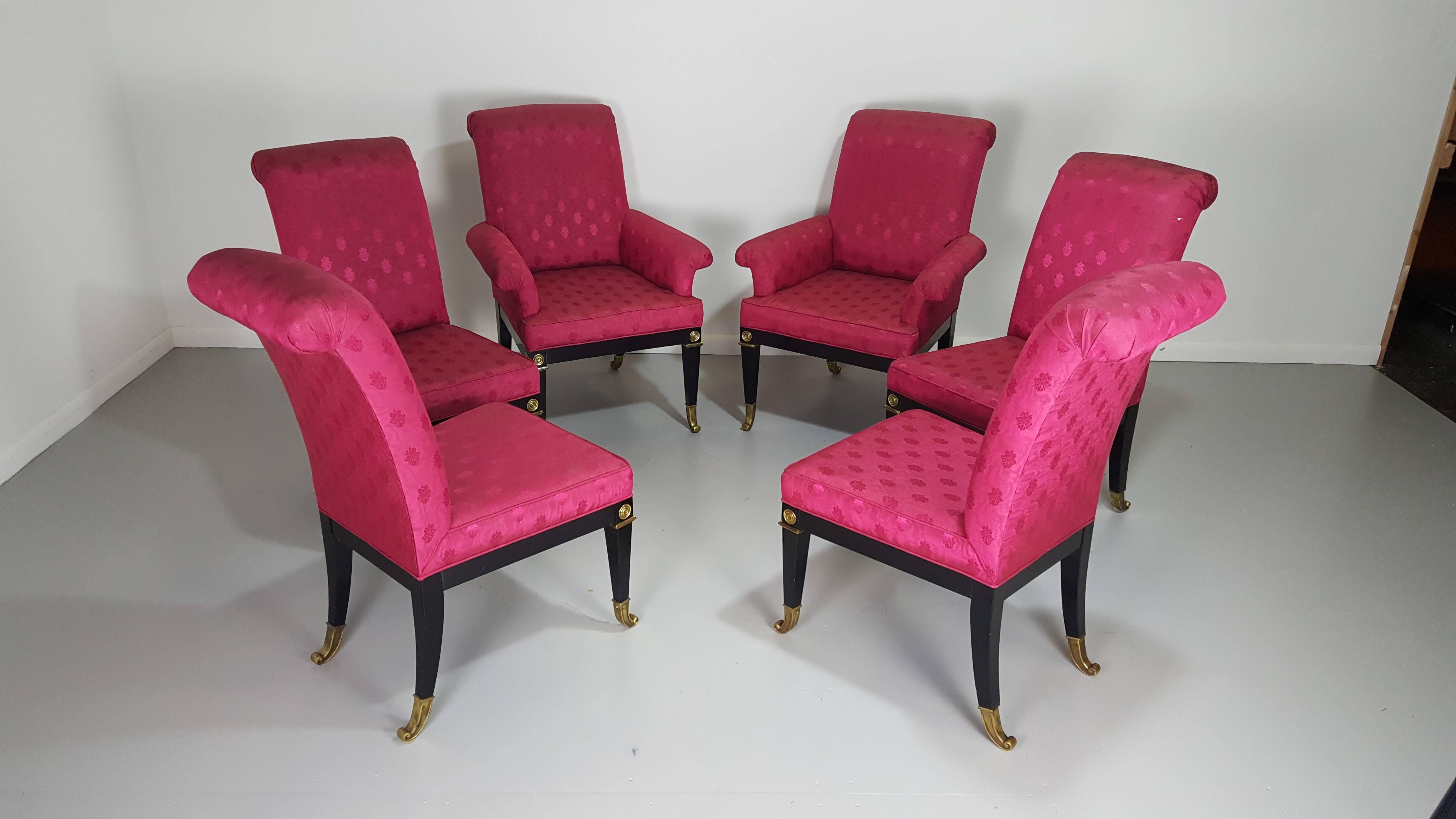 Late 20th Century Incredible Neoclassical Lacquer and Brass Dining Chairs by Mastercraft, 1970s