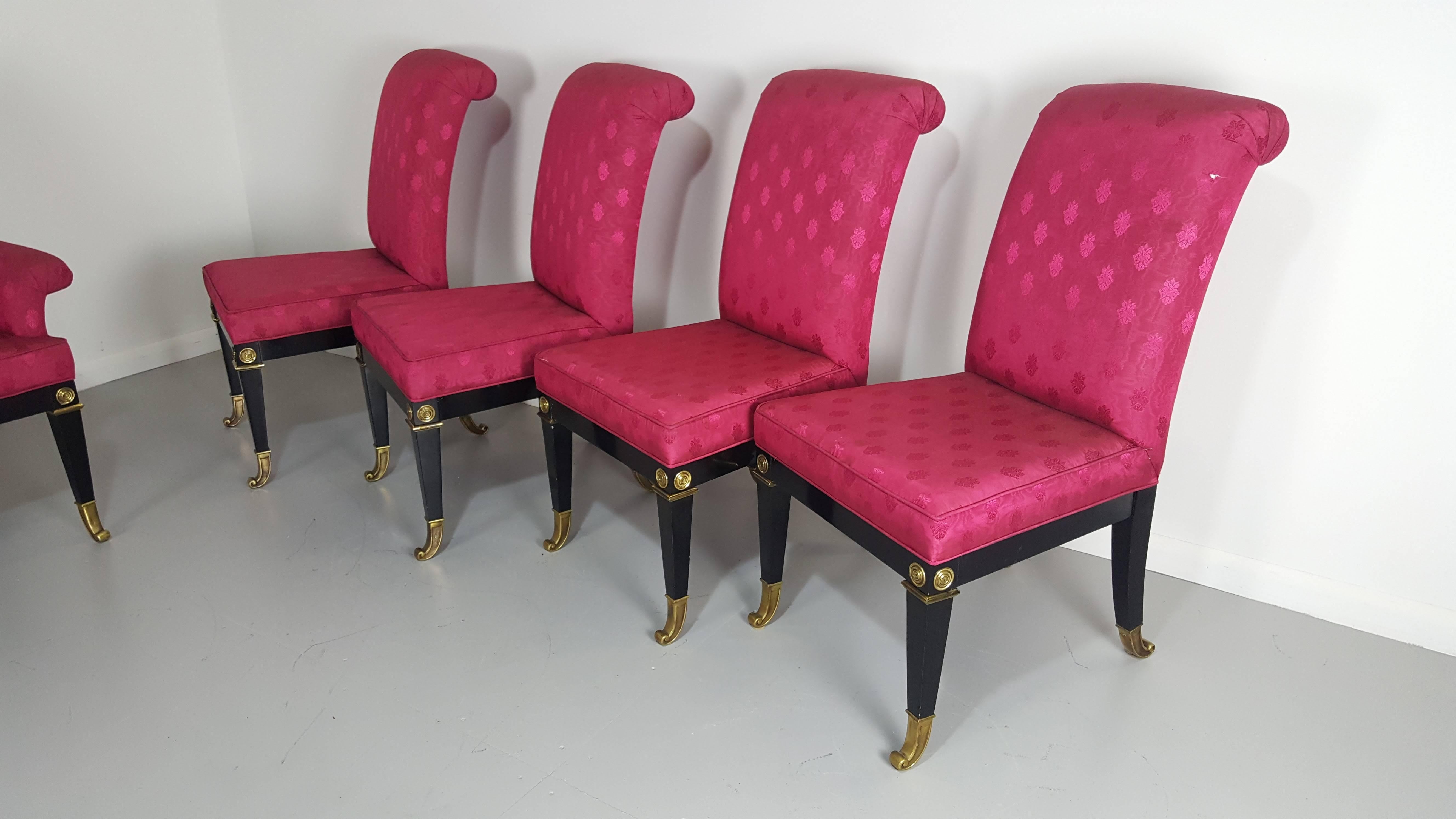 Incredible Neoclassical Lacquer and Brass Dining Chairs by Mastercraft, 1970s In Excellent Condition In New York, NY