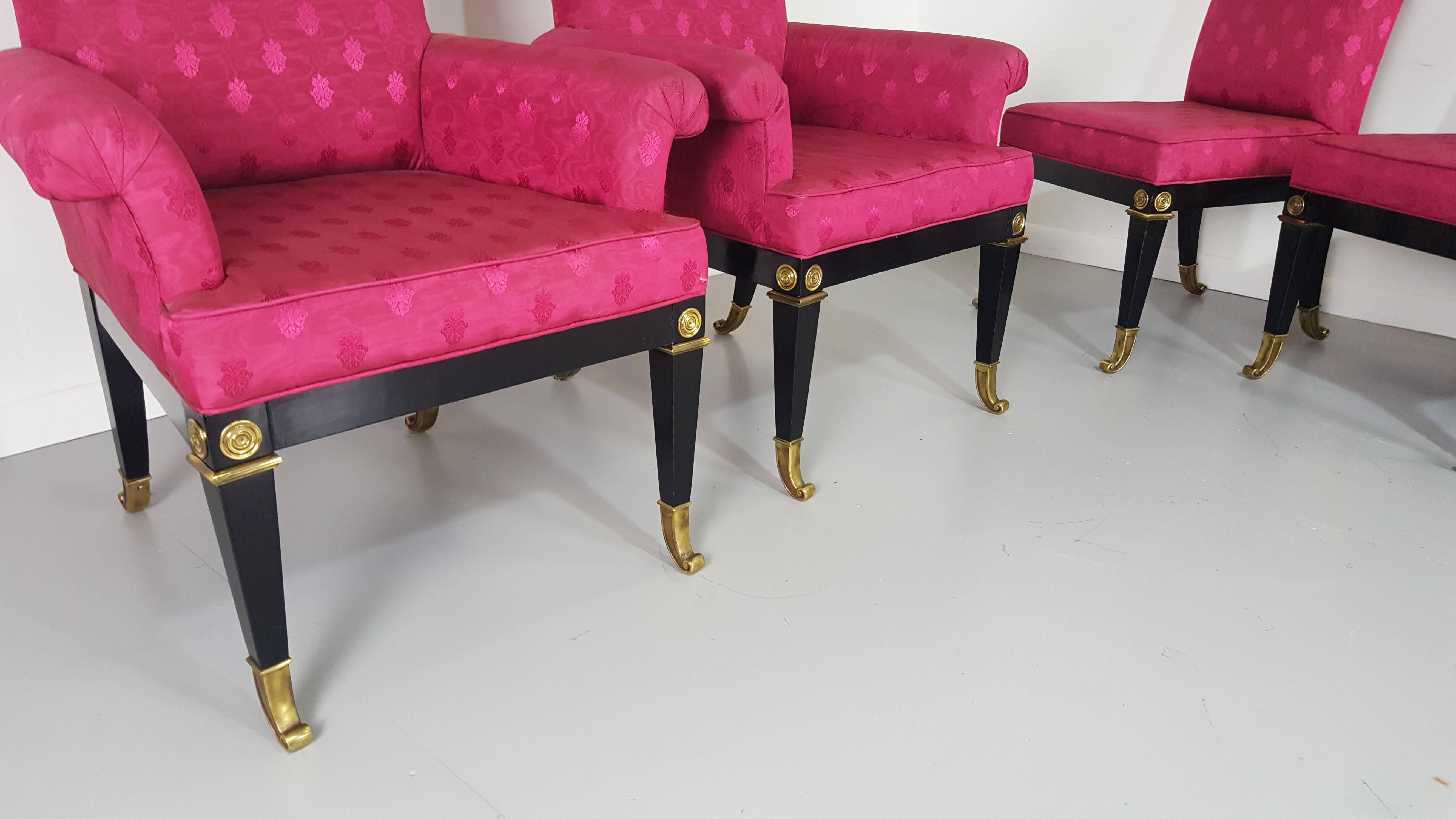 Incredible neoclassical lacquer and brass dining chairs by Mastercraft.

See this item in our private NYC showroom! Refine Limited is located in the heart of Chelsea at the history Starrett-LeHigh Building, 601 West 26th Street, Suite M258. Please