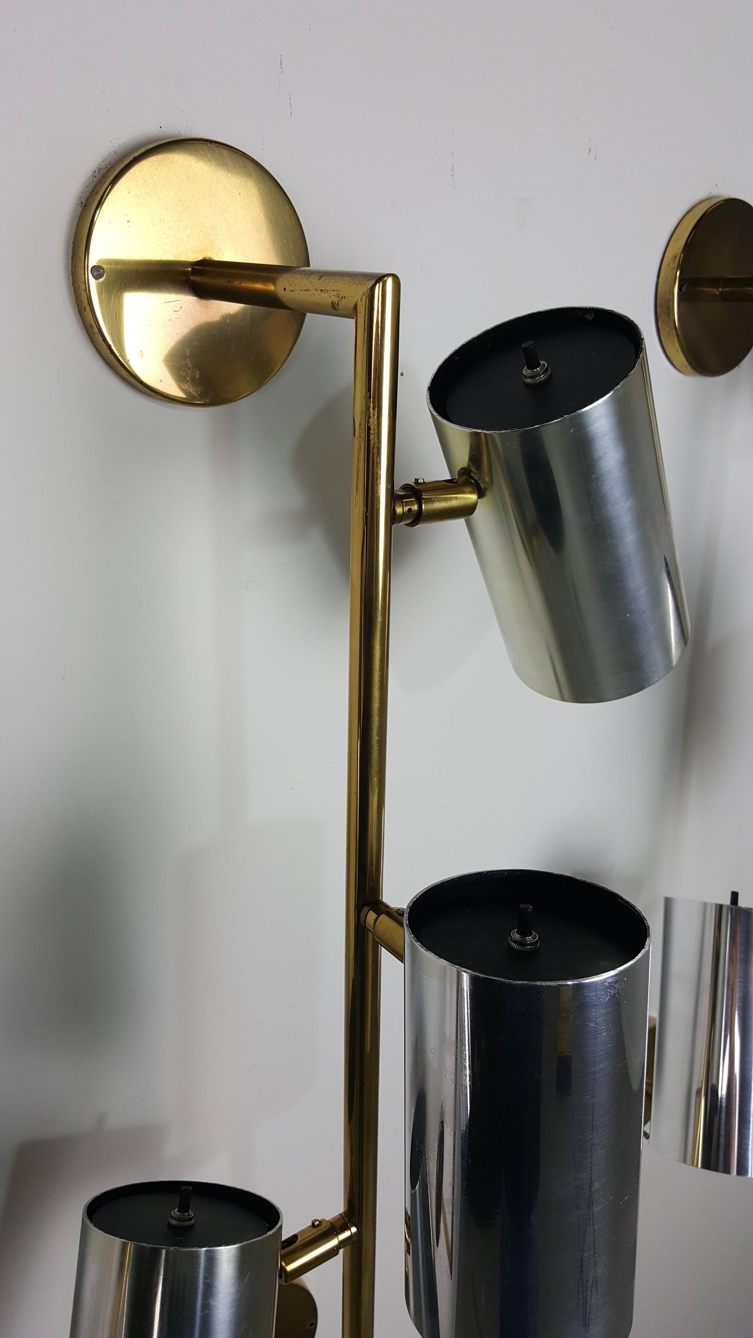 Mid-Century Modern Massive Brass and Chrome Architectural Wall Sconces by Koch and Lowy