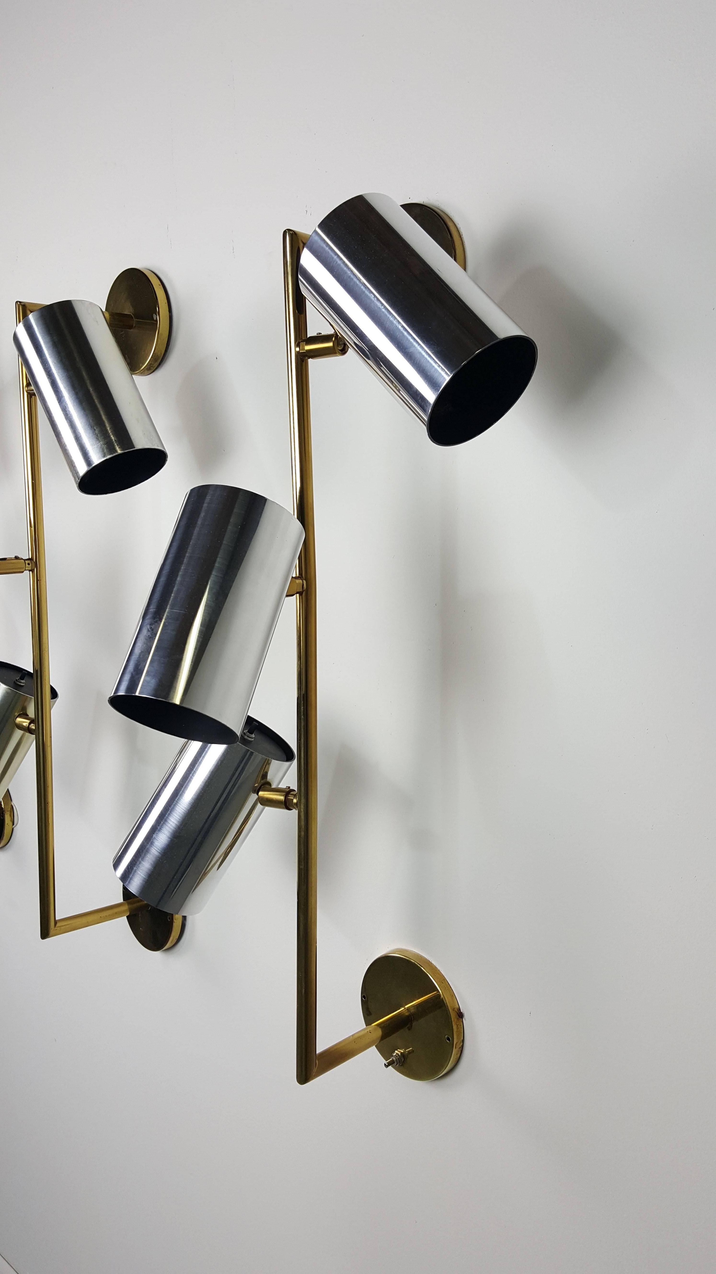 Massive Brass and Chrome Architectural Wall Sconces by Koch and Lowy In Excellent Condition In New York, NY