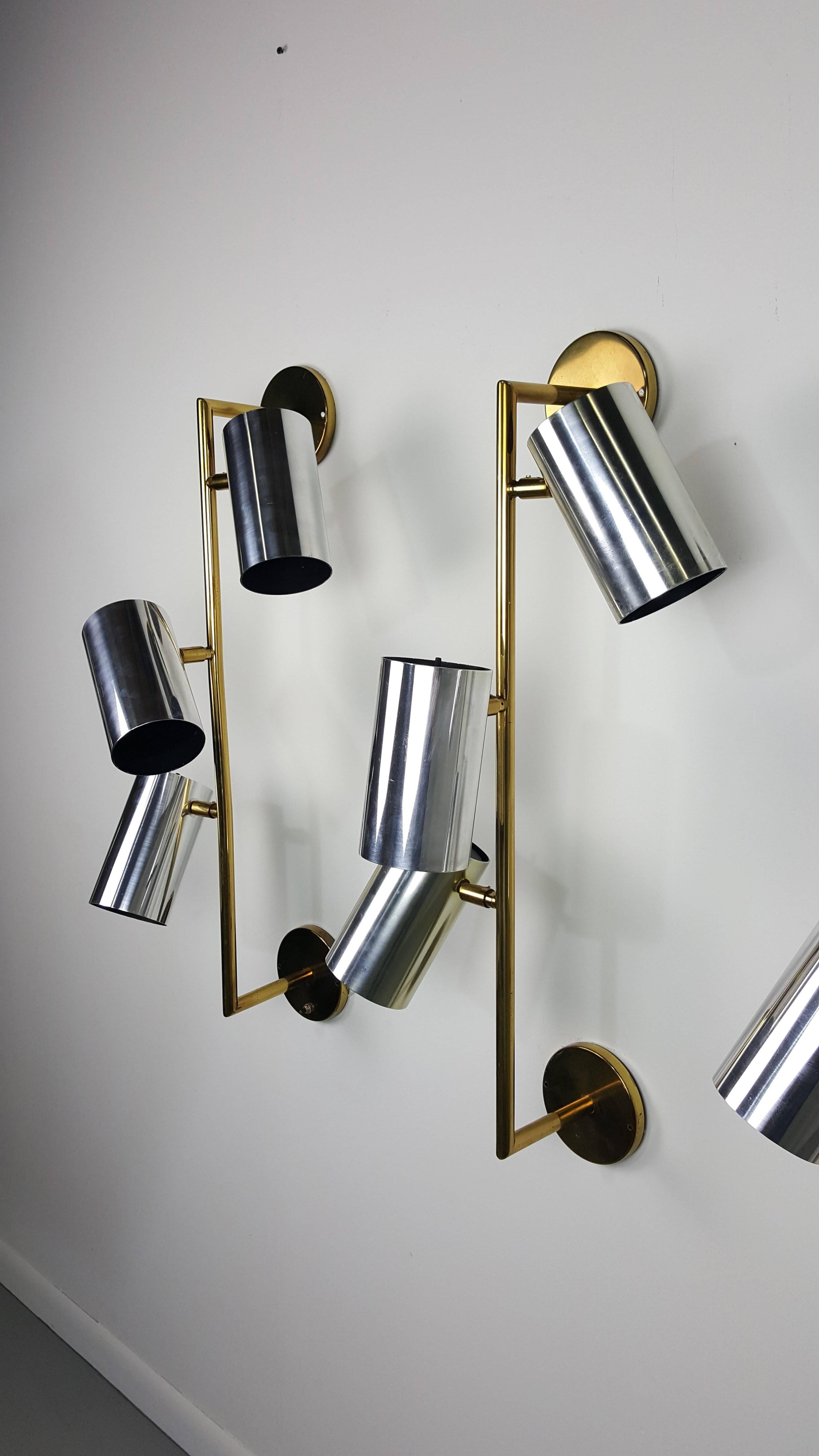 Late 20th Century Massive Brass and Chrome Architectural Wall Sconces by Koch and Lowy