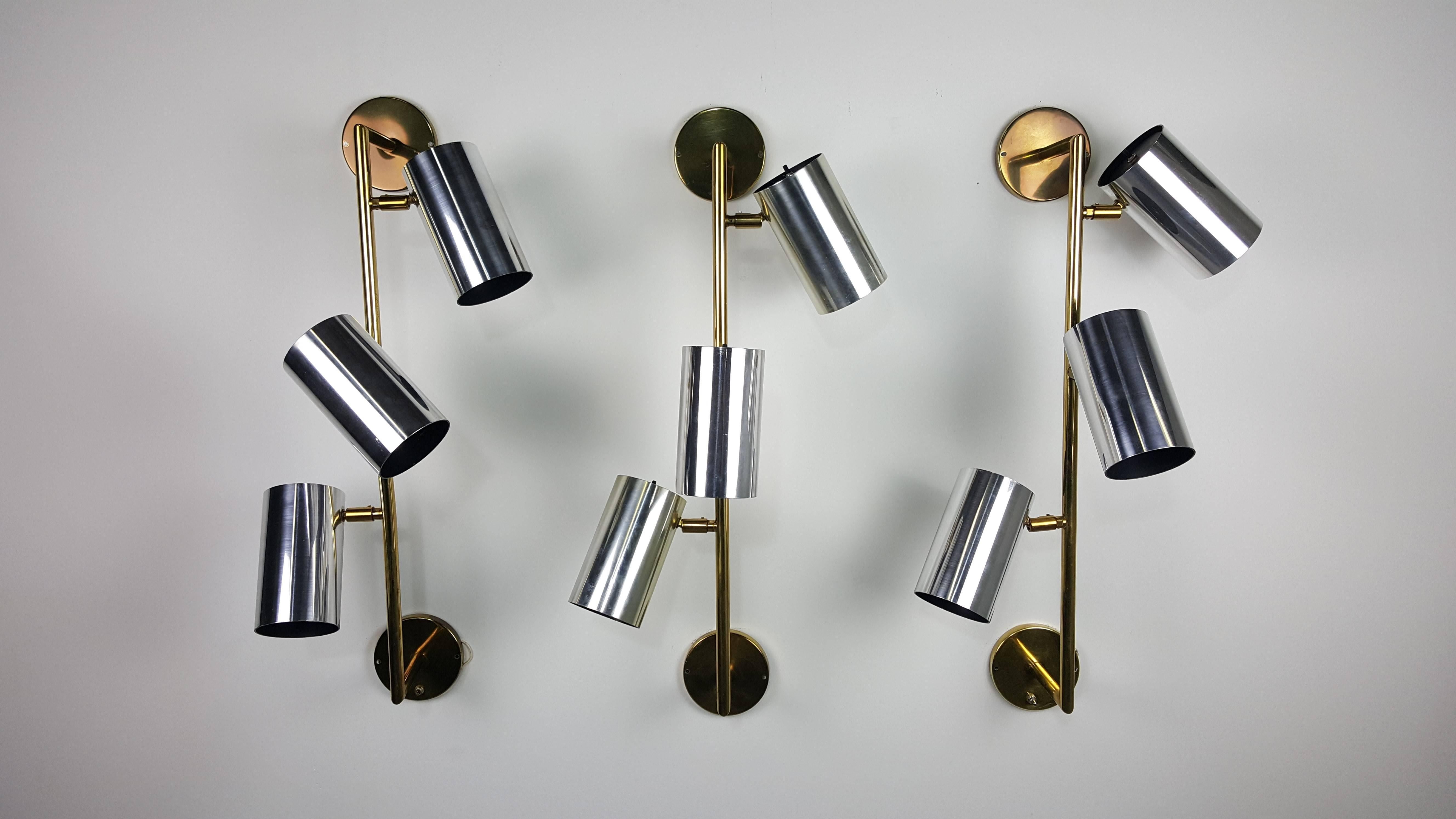 Massive brass and chrome architectural wall sconces by Koch and Lowy.

See this item in our private NYC showroom! Refine Limited is located in the heart of Chelsea at the history Starrett-LeHigh Building, 601 West 26th Street, Suite M258. Please