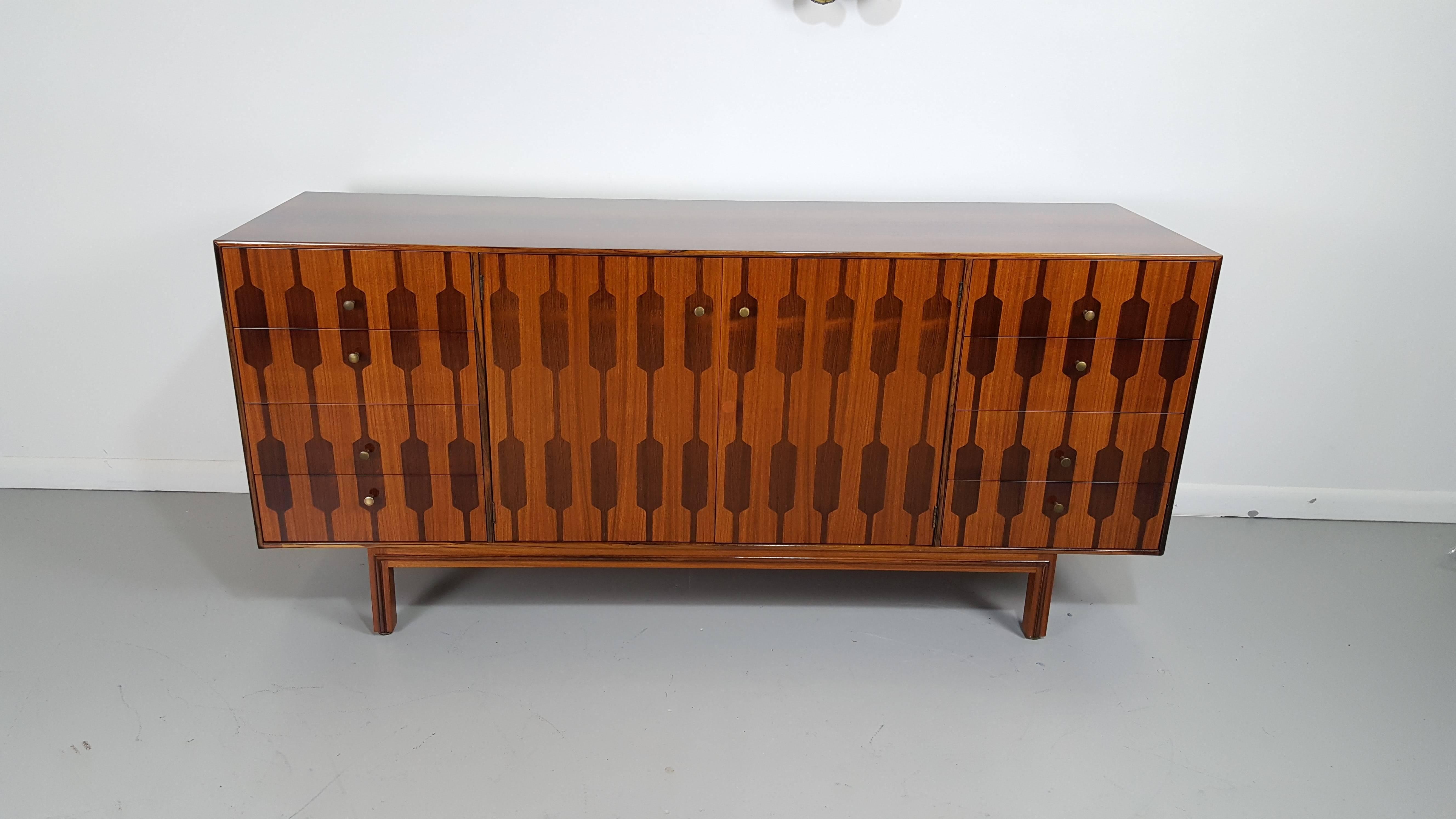 Mid-Century Modern Amazing Inlayed Graphic Rosewood and Teak Chest by Romweber, 1950s