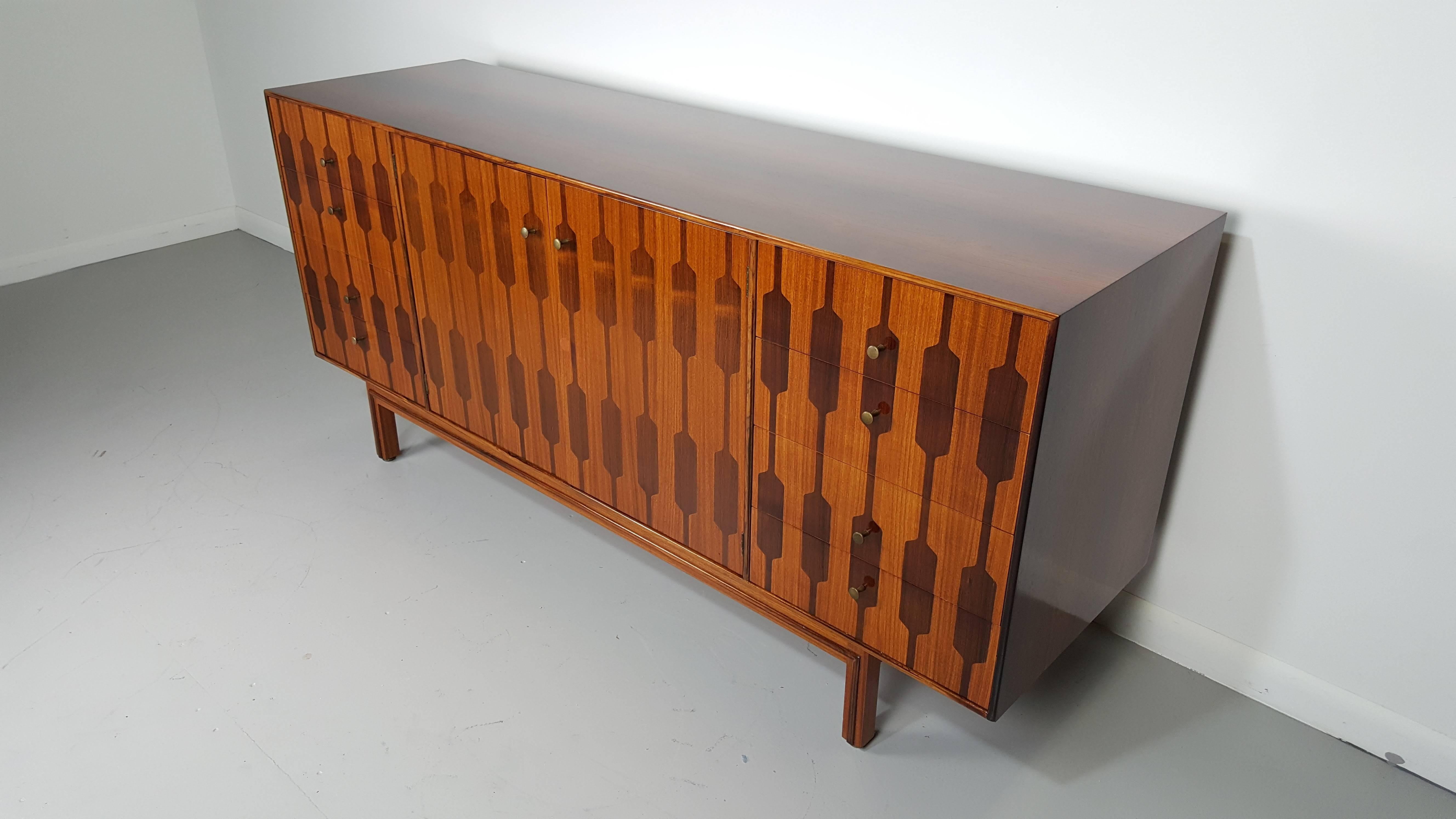 Amazing Inlayed Graphic Rosewood and Teak Chest by Romweber, 1950s In Excellent Condition In New York, NY
