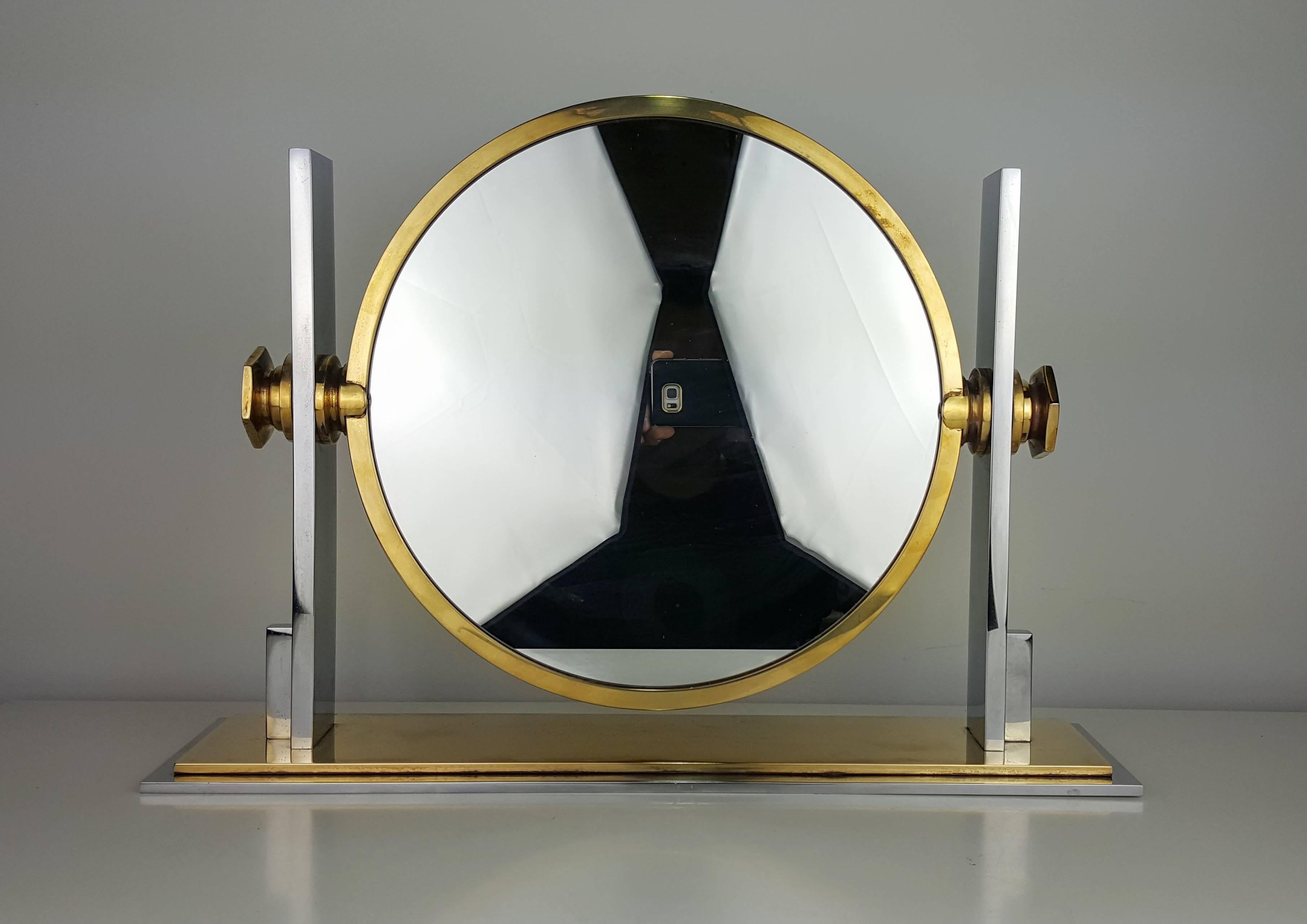 Mid-Century Modern Gorgeous Two-Sided Vanity Mirror in Chrome and Brass by Karl Springer, 1970s