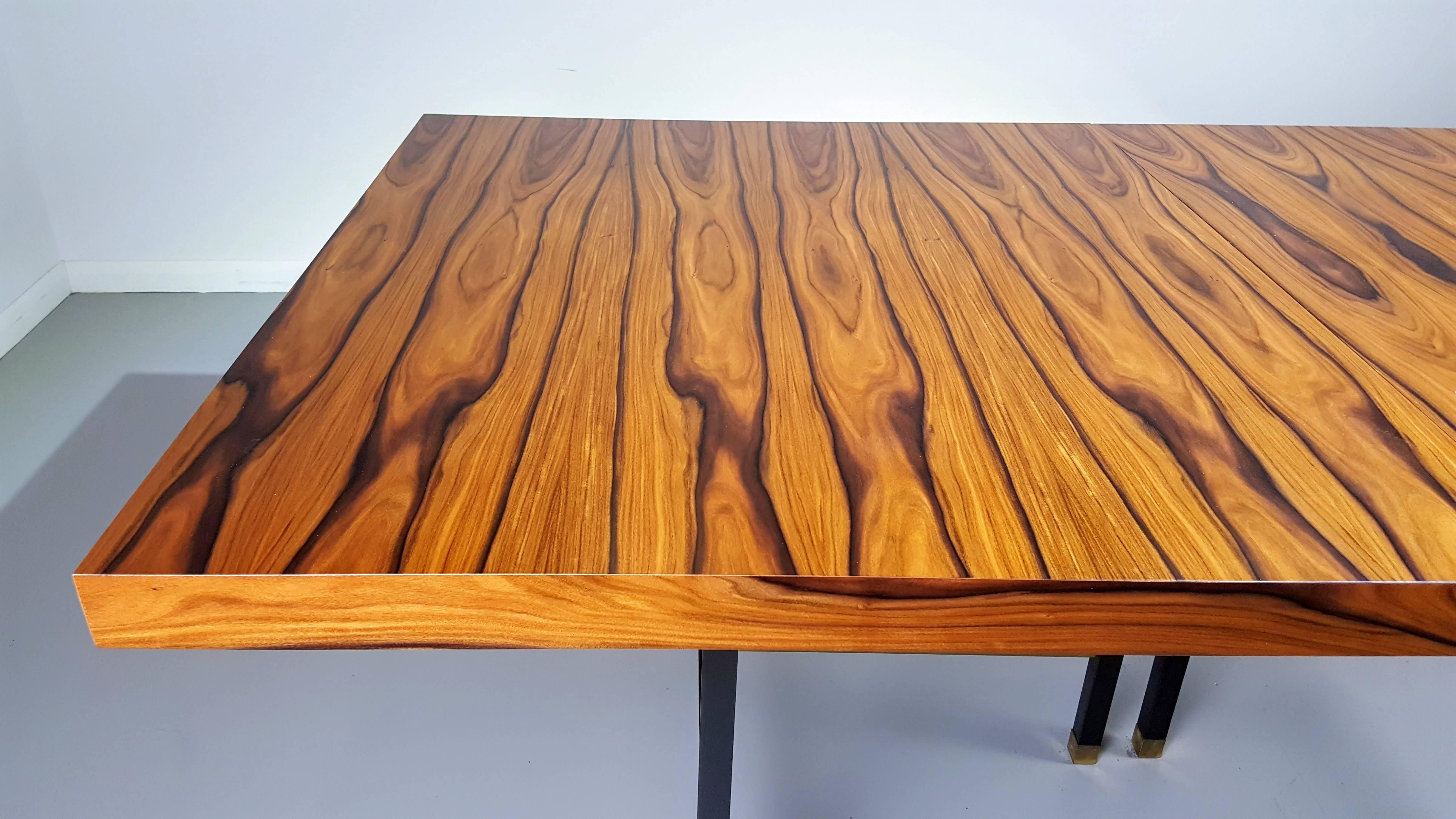 American Breathtaking Rosewood and Brass Dining Table with Leaves Harvey Probber Studio