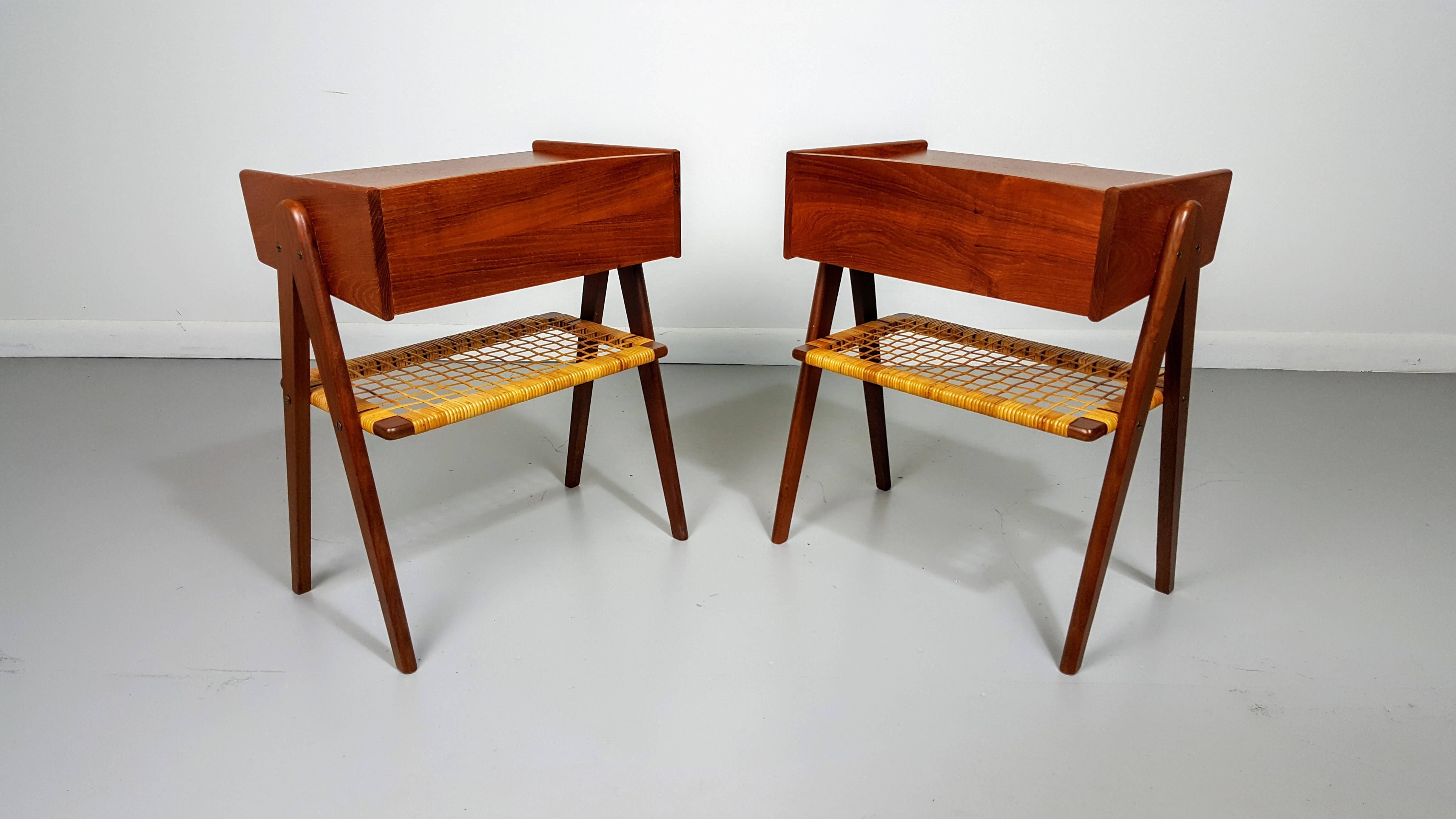 Brilliant Danish Modern Teak Nightstands in the style of Kurt Ostervig, 1950s.

We offer free regular deliveries to NYC and Philadelphia area. Delivery to DC, MD, CT and MA are available if schedule permits, please message for a location-based