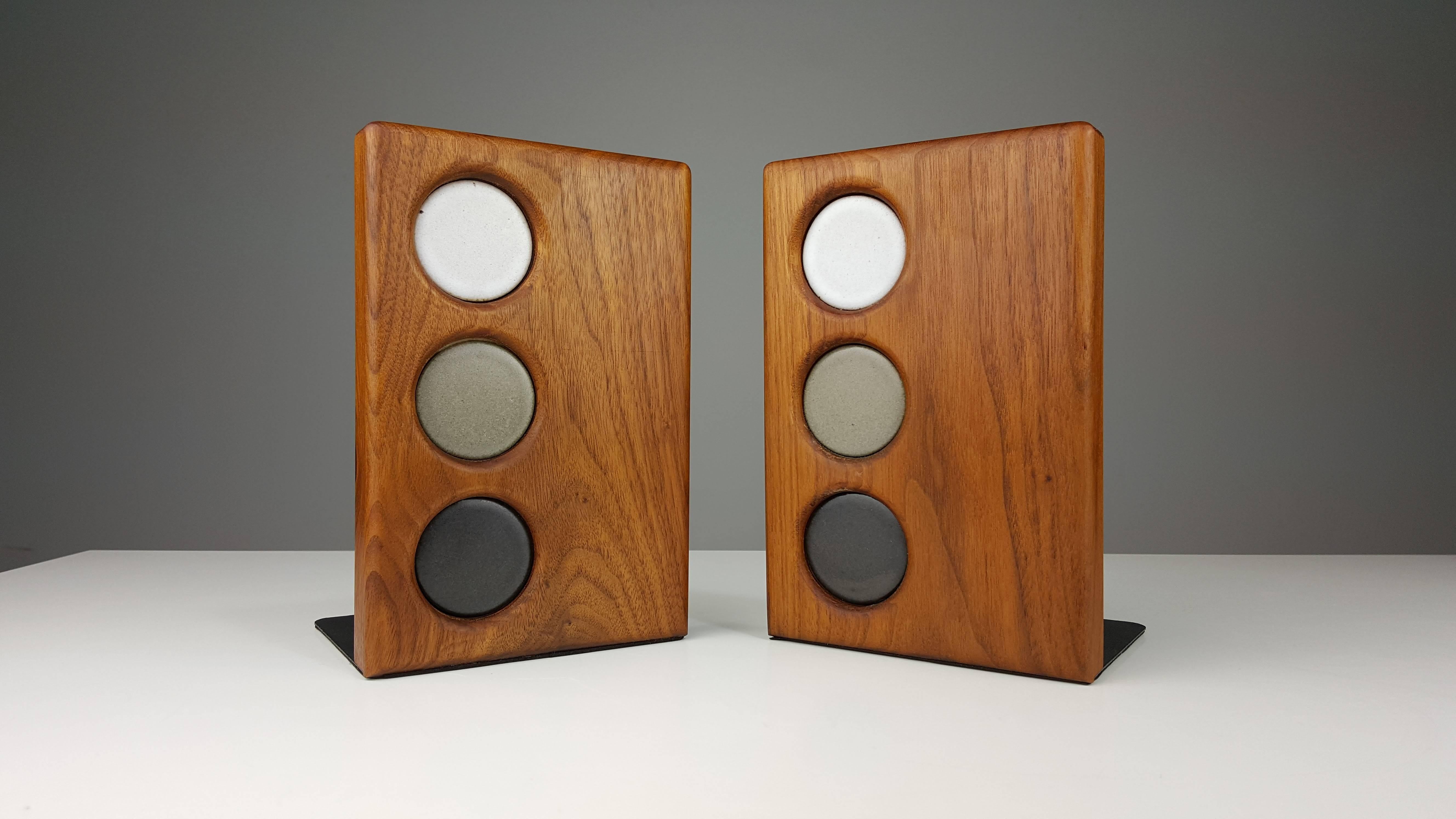 American Beautiful Walnut and Ceramic Bookends by Gordon and Jane Martz, 1950s